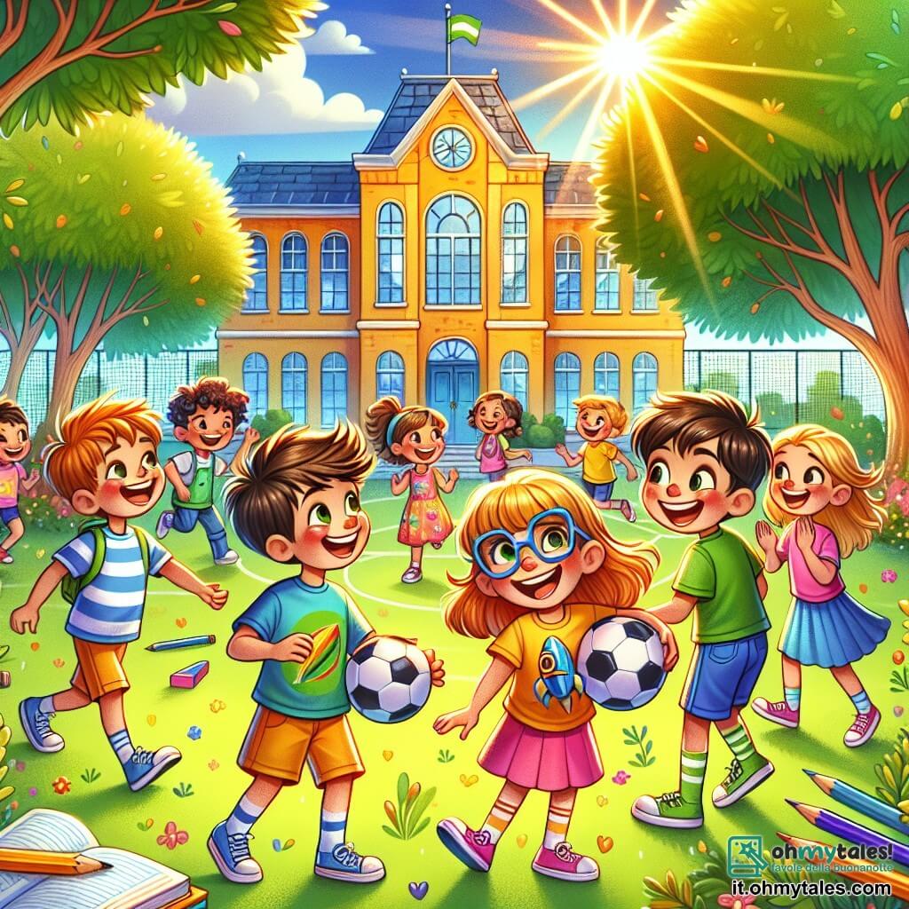 Illustrazione che rappresenta una scena vivace in un cortile scolastico soleggiato, circondato da grandi alberi con foglie verdi e un edificio scolastico giallo con finestre blu. Al centro, un gruppo di bambini è riunito, ridendo e giocando insieme. C'è un ragazzo di circa 8 anni, con capelli castani disordinati e una maglietta verde con un grande razzo, che tiene un pallone da calcio. Accanto a lui, una ragazza di circa 7 anni, con lunghi capelli biondi e un sorriso splendente, indossa un vestito colorato e applaude gioiosamente. Un'altra ragazza, con occhiali colorati, appare entusiasta, con un libro in mano, pronta a condividere le sue idee. La scena principale mostra i bambini intenti a discutere e pianificare una partita di calcio, l'eccitazione e l'amicizia si leggono sui loro volti. Sullo sfondo, altri bambini giocano e ridono, creando un'atmosfera gioiosa e dinamica. Disegni di pastelli e libri sono sparsi sul pavimento, simboleggiando l'inizio dell'anno scolastico e lo spirito di apprendimento.