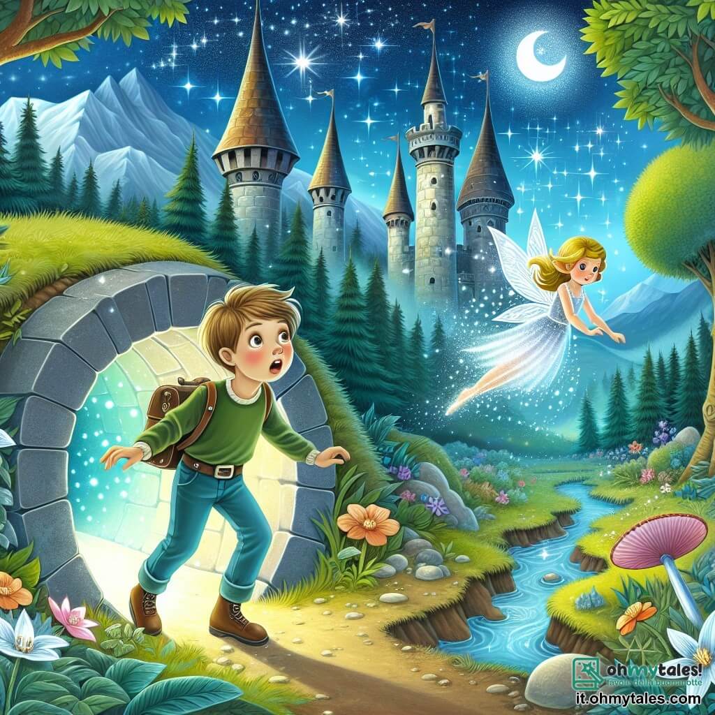 Une illustration destinée aux enfants représentant un jeune garçon curieux découvrant un tunnel lumineux dans une forêt enchantée, accompagné d'une fée brillante, dans le royaume de Equinox où les tours magiques et les puits d'eau incantés se dressent sous un ciel étoilé.