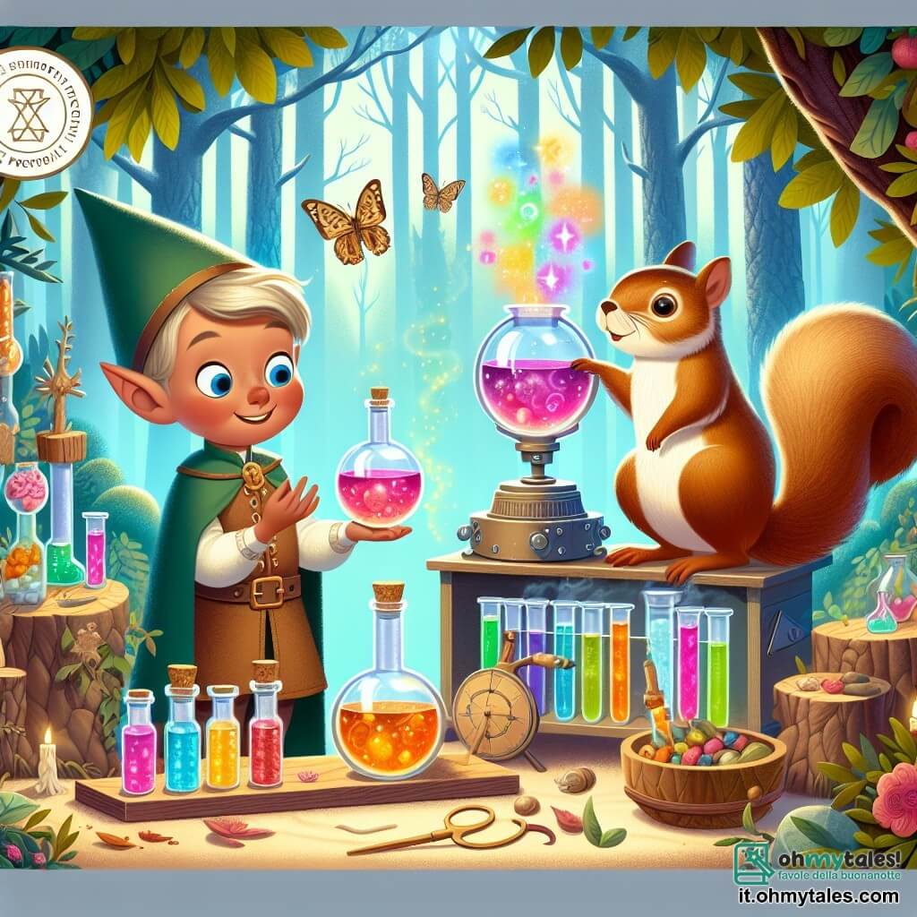 Une illustration destinée aux enfants représentant un lutin espiègle préparant une potion magique avec l'aide d'un écureuil farceur dans un laboratoire étincelant de fioles colorées et de plantes lumineuses au cœur d'une clairière enchantée de la Forêt des Merveilles.