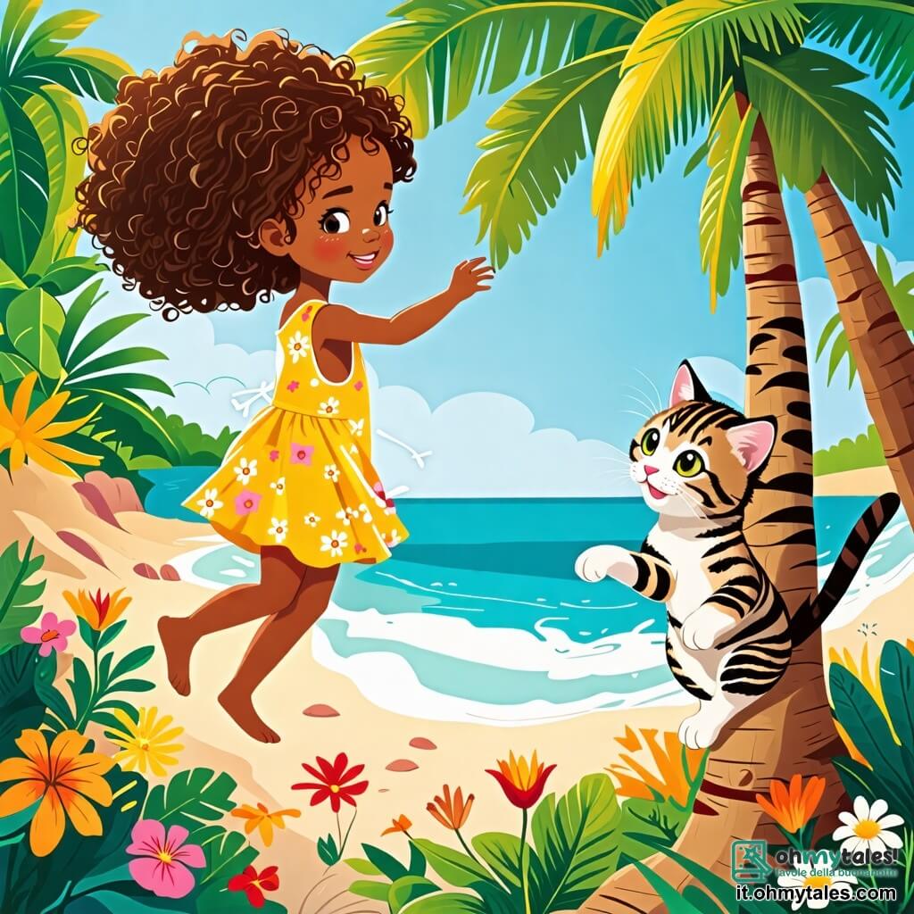 Une illustration sous forme de dessin destinée aux enfants représentant une île tropicale ensoleillée avec des palmiers verdoyants et des fleurs colorées, où une petite fille de 2 ans aux cheveux bouclés et aux yeux pétillants, vêtue d'une robe légère, grimpe avec enthousiasme sur un tronc d'arbre, tandis qu'à ses côtés, un gattino tigré aux yeux brillants l'encourage en miaulant joyeusement, le tout capturant l'esprit d'aventure et de camaraderie alors qu'ils cherchent un moyen de retourner chez eux après une journée d'exploration.