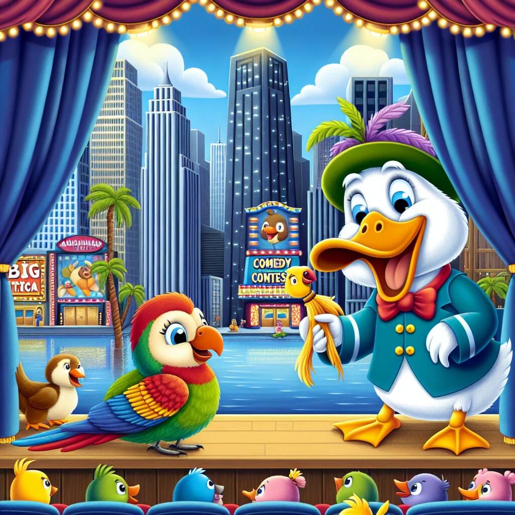 Une illustration destinée aux enfants représentant un canard joyeux et espiègle, se préparant pour un grand concours de comédie, avec un pappagallo coloré, dans un théâtre animé entouré de hauts gratte-ciels et de boutiques modernes dans la vibrante Animalandia City.