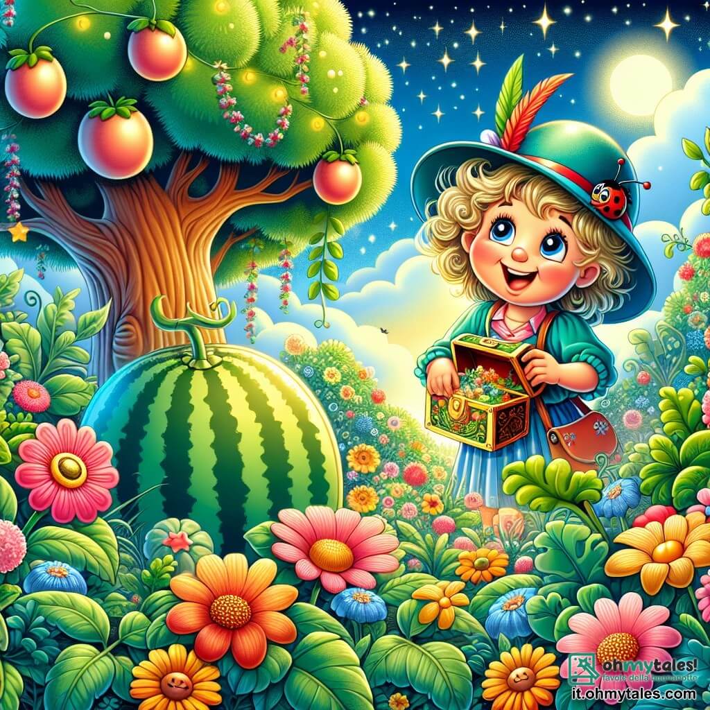 Une illustration sous forme de dessin destinée aux enfants représentant un jardin magique rempli de fleurs colorées et d'un grand arbre de melo, avec une petite fille de 5 ans aux cheveux bouclés et blonds, portant un chapeau bleu orné d'une plume rouge, qui tient une carte au trésor avec un grand sourire sur son visage, tandis qu'une petite coccinelle rouge se perche sur son épaule, le tout dans une ambiance joyeuse et aventureuse, alors qu'ils s'apprêtent à découvrir un trésor caché sous un buisson.
