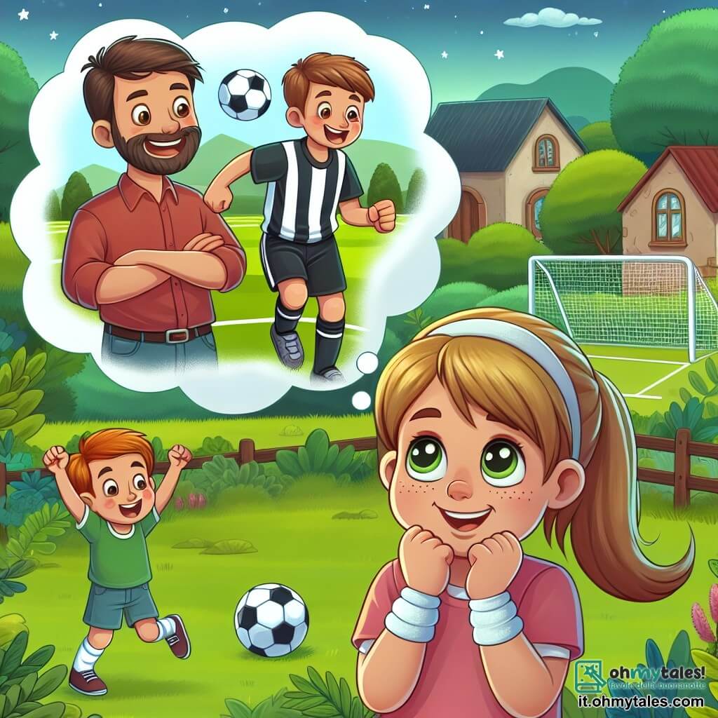 Une illustration destinée aux enfants représentant une fille au regard déterminé qui rêve de jouer au football dans une équipe mixte, encouragée par son père aimant et son petit frère joueur, dans un petit village entouré d'arbres verdoyants et d'une nature luxuriante.