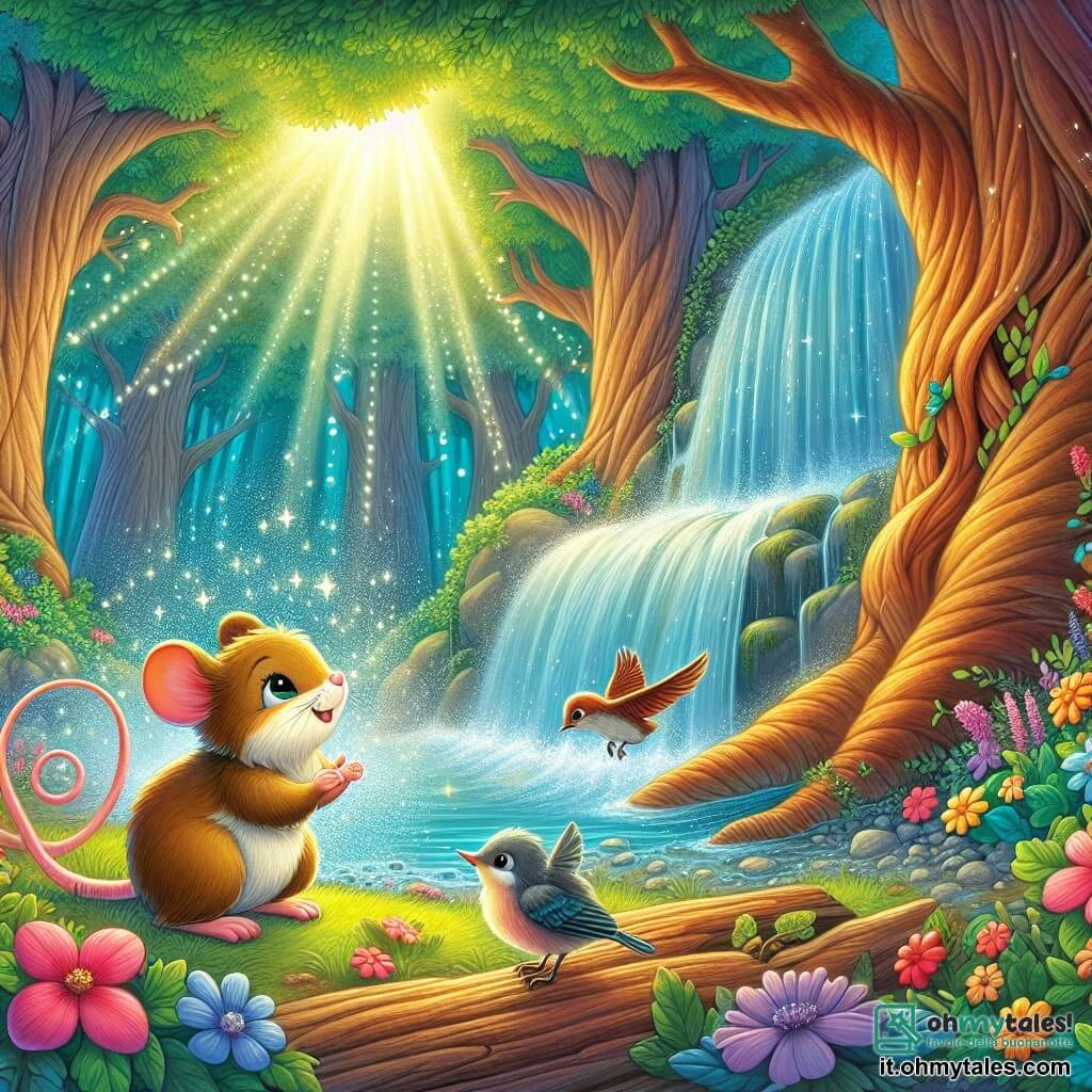 Une illustration destinée aux enfants représentant une petite souris curieuse, une rencontre magique avec un oiseau blessé, une cascade scintillante entourée d'arbres maestosi et de fleurs colorées dans une forêt enchantée.