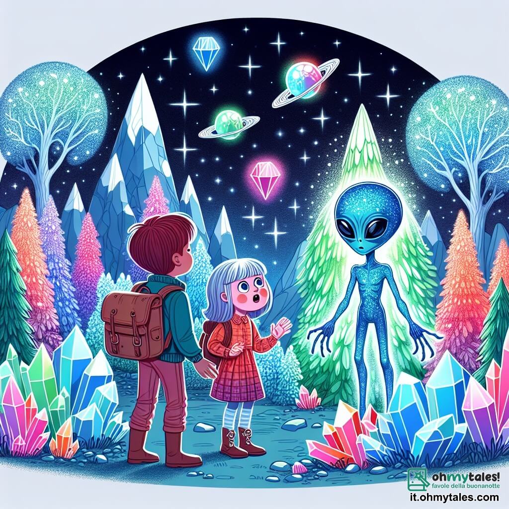 Une illustration destinée aux enfants représentant une petite fille émerveillée par la rencontre d'un extraterrestre dans un bois enchanté rempli d'arbres cristallins scintillants, accompagnée par un extraterrestre aux yeux brillants et à la peau bleue lumineuse, sur la planète Zoglon aux montagnes de cristal et aux rivières de lumière colorée.