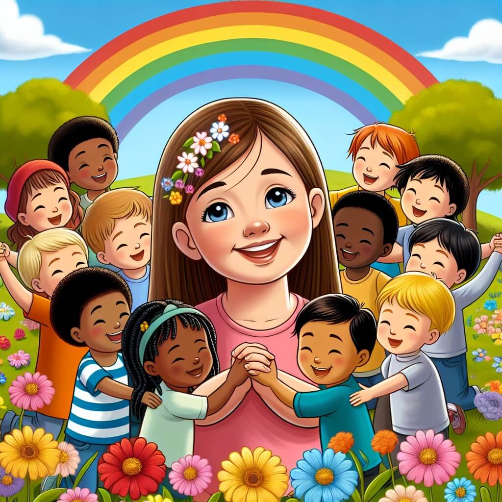 Une illustration destinée aux enfants représentant une jeune fille souriante, entourée d'enfants de différentes origines, jouant ensemble dans un jardin fleuri avec un arc-en-ciel vibrant dans le ciel, symbolisant la tolérance et la diversité.