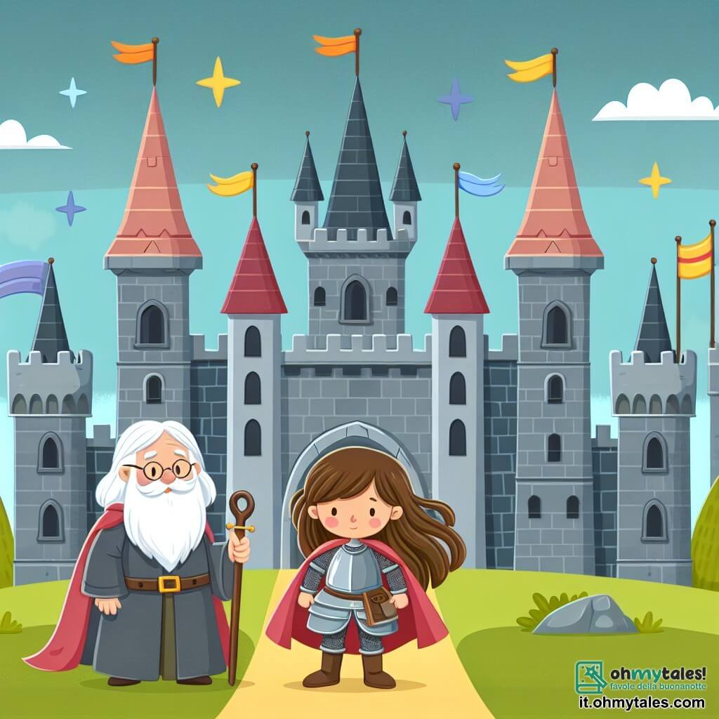 Une illustration destinée aux enfants représentant une chevalière intrépide se tenant devant un château majestueux, accompagnée d'un sage stregone barbu, dans un royaume enchanté aux tours de pierre grise et aux drapeaux colorés flottant au vent.
