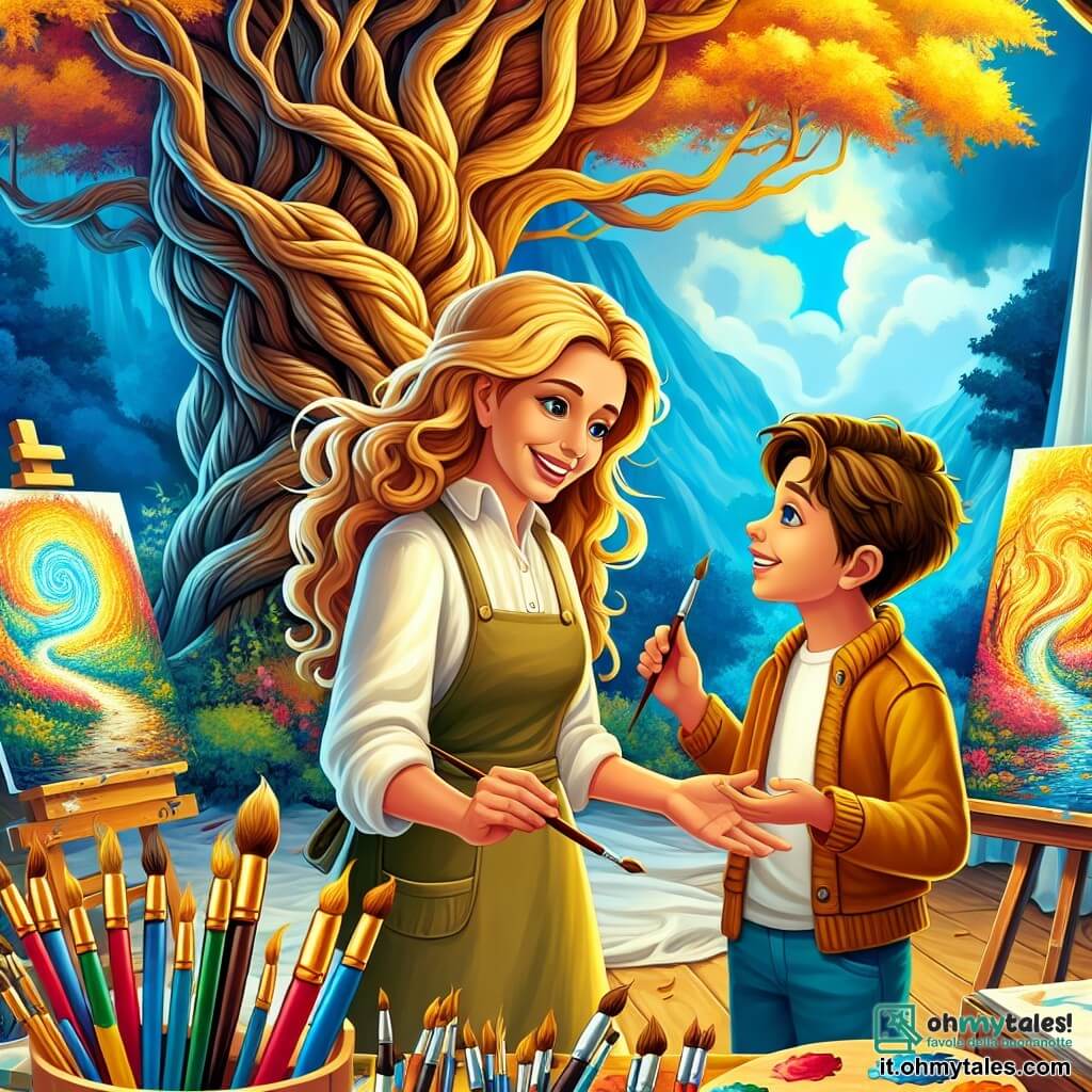 Une illustration destinée aux enfants représentant une artiste au sourire lumineux, partageant sa passion pour l'art avec un jeune admirateur, sous l'ombre majestueuse d'un arbre seculaire aux branches contortes et aux feuilles d'or, dans une bottega remplie de toiles multicolores et de pinceaux magiques.