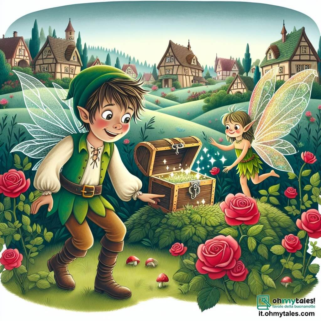 Une illustration destinée aux enfants représentant un jeune garçon intrépide, découvrant un mystérieux coffre caché derrière un buisson de roses, accompagné d'un elfe aux ailes étincelantes, dans un village magique aux maisons en forme de champignons et aux prairies d'un vert émeraude.