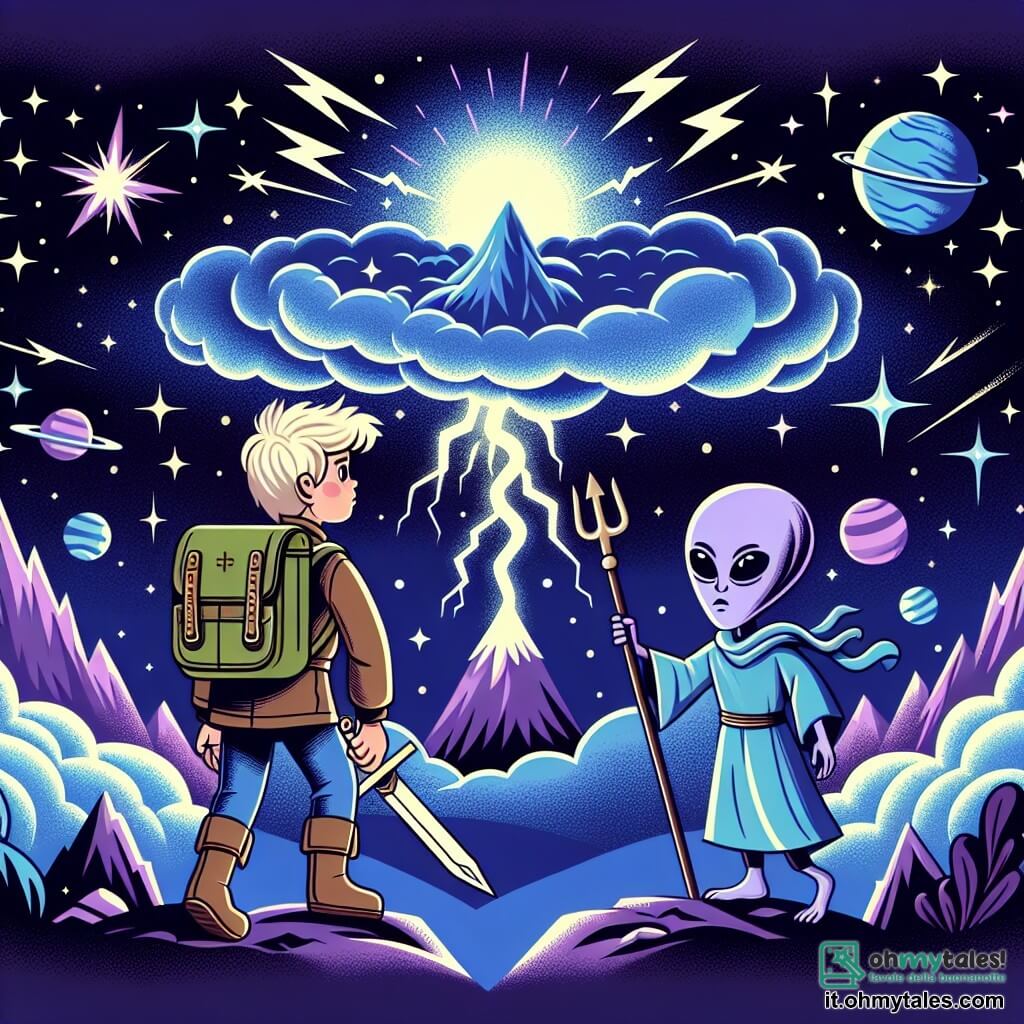 Une illustration destinée aux enfants représentant un explorateur spatial courageux (garçon) affrontant une tempête cosmique, accompagné d'un alien sage (garçon) sur une planète lointaine aux ciels étoilés scintillants et aux montagnes violettes.