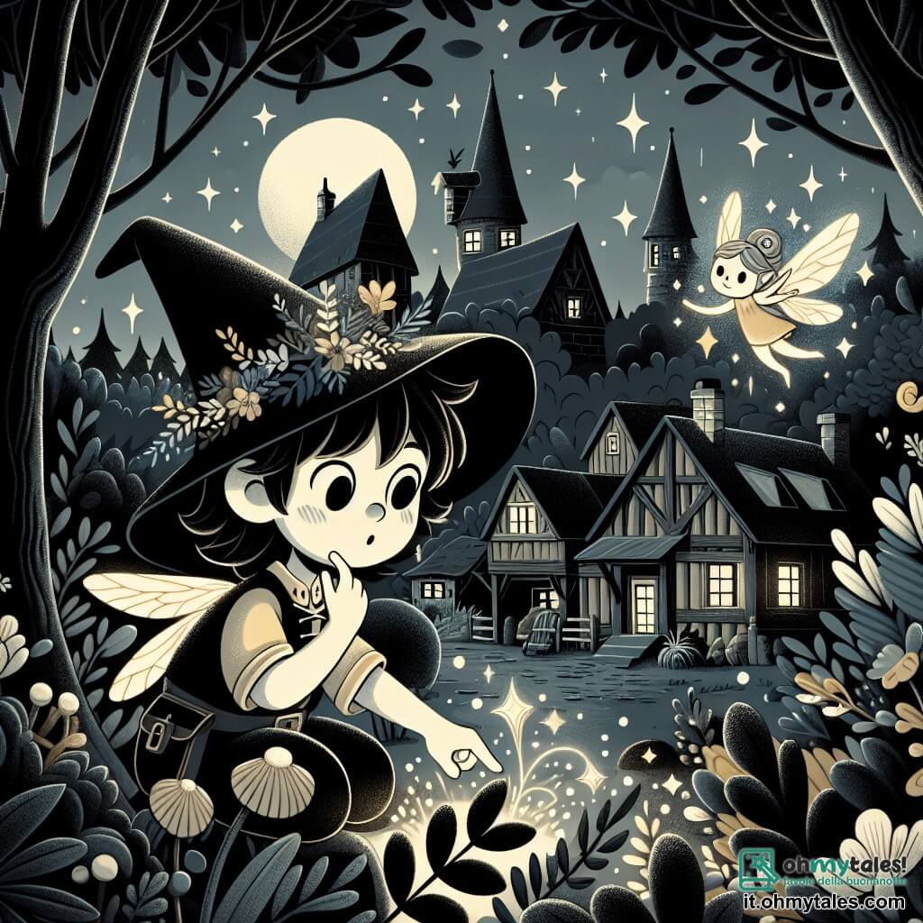 Une illustration destinée aux enfants représentant une jeune apprentie sorcière plongée dans une aventure magique aux côtés d'un petit follet aux ailes chatoyantes, dans un village entouré d'un bois sombre et mystérieux.