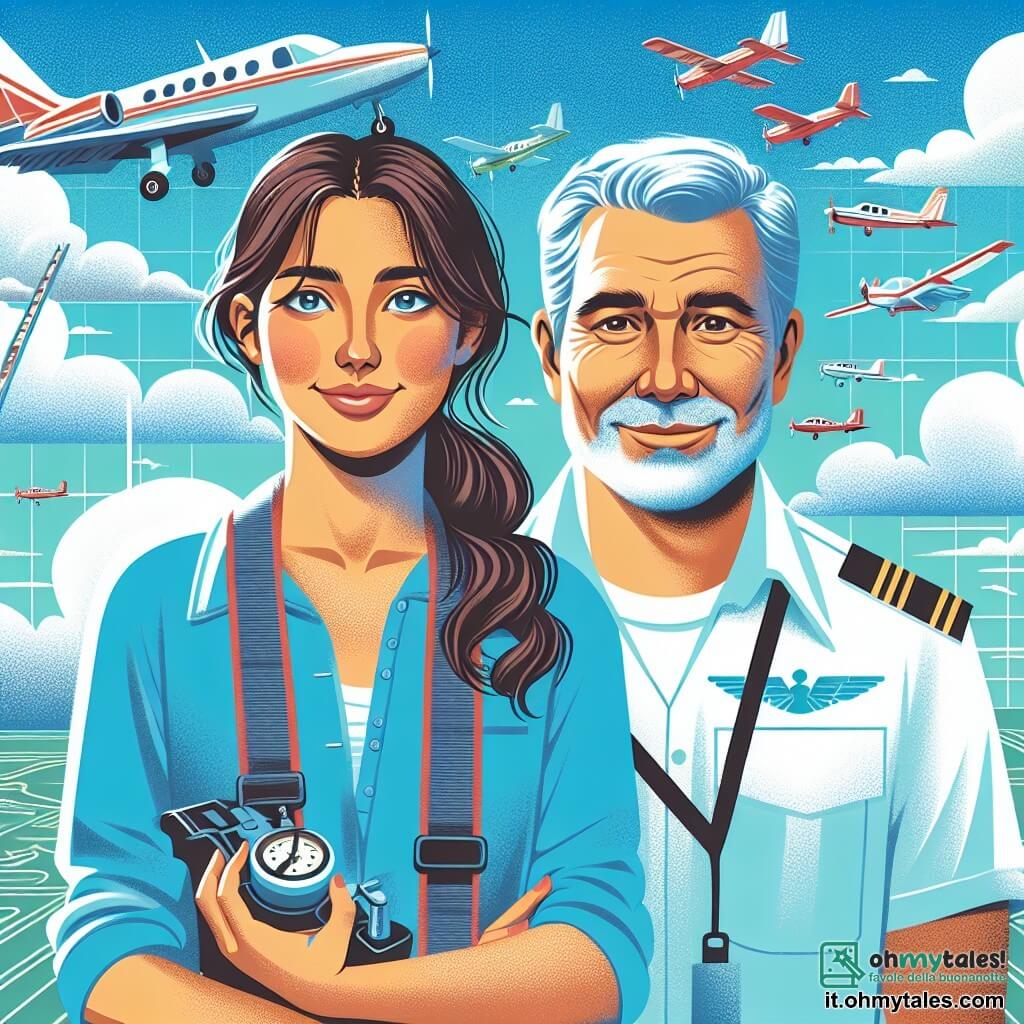 Une illustration destinée aux enfants représentant une jeune femme passionnée par les avions, accompagnée de son sympathique instructeur, survolant un ciel azuré parsemé de nuages cotonneux, dans une école de pilotage entourée de pistes d'atterrissage et d'avions colorés.