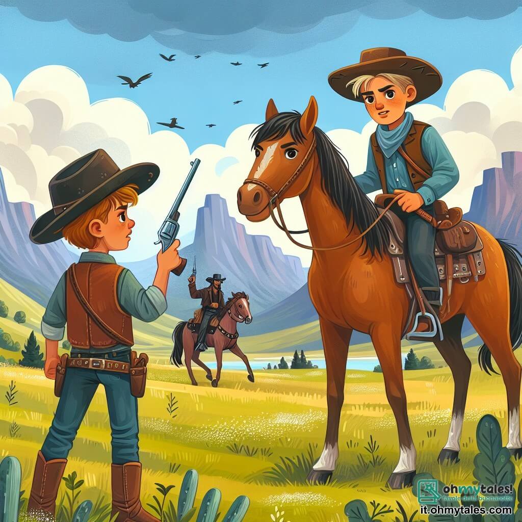 Une illustration destinée aux enfants représentant un jeune cow-boy courageux, affrontant des bandits menaçants dans les vastes prairies de l'Ouest américain, accompagné de son fidèle cheval brun.