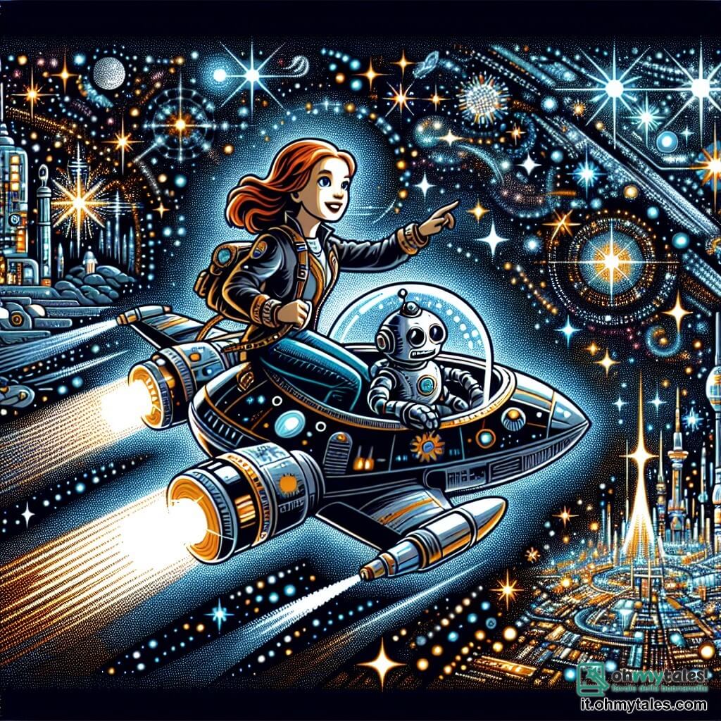 Une illustration destinée aux enfants représentant une jeune femme courageuse, naviguant à travers l'espace infini à bord de son vaisseau lumineux, accompagnée de son fidèle robot de compagnie, surplombant une ville galactique scintillante de lumières multicolores et entourée de constellations brillantes, dans un univers futuriste rempli de mystères et d'aventures.