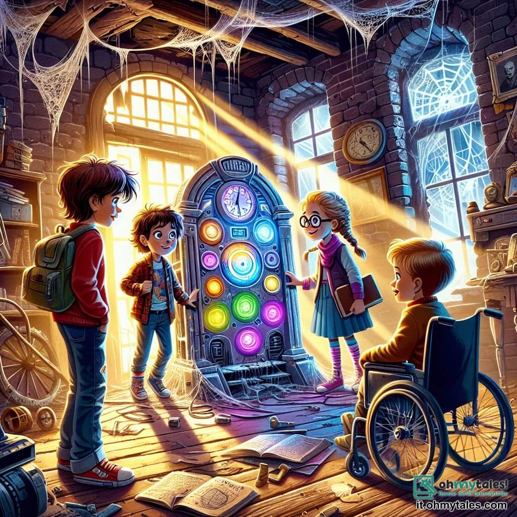 Illustrazione che rappresenta una scena vibrante all'interno di una vecchia casa abbandonata, con muri in mattoni crepati e ragnatele negli angoli. La luce del sole filtra attraverso una finestra rotta, illuminando una strana macchina futuristica al centro della stanza, coperta di polvere e pulsanti colorati. Un ragazzo di dieci anni, con capelli castani arruffati e una maglietta rossa, si trova davanti alla macchina, con gli occhi spalancati dall'emozione. Accanto a lui, una ragazza di dieci anni con capelli biondi intrecciati, che indossa occhiali e tiene un libro in mano, osserva attentamente i pulsanti luminosi. Un altro ragazzo, anch'egli di dieci anni, su una sedia a rotelle, sorride con coraggio, pronto a premere un pulsante. Infine, una ragazza di dieci anni, con capelli ricci e un taccuino da disegno, disegna la scena con entusiasmo. La situazione principale mostra i bambini che scoprono la macchina del tempo, pieni di curiosità e meraviglia, pronti a vivere un'avventura incredibile attraverso le epoche. Sullo sfondo, oggetti antichi e giocattoli dimenticati aggiungono un tocco nostalgico all'atmosfera misteriosa della stanza.