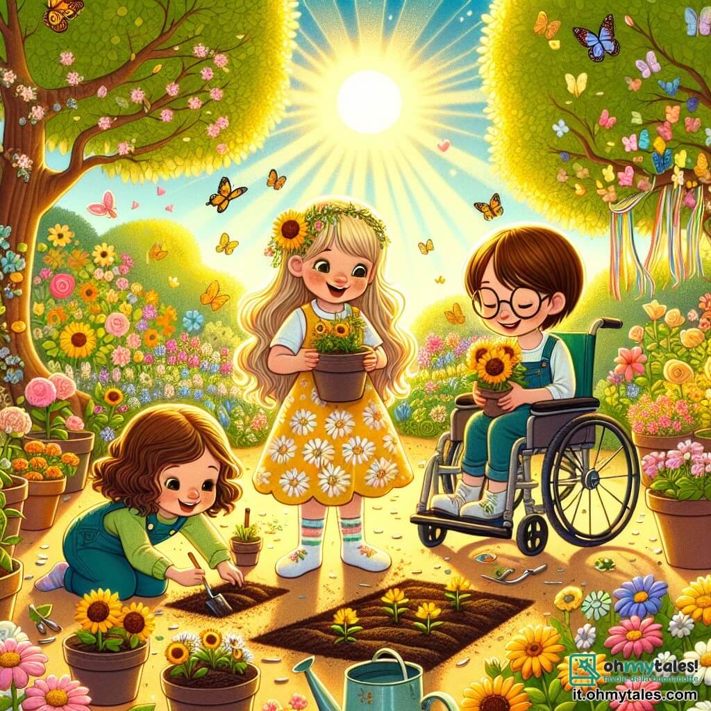 Illustrazione che rappresenta un giardino in piena fioritura, baciato dalla luce dorata del sole primaverile. Gli alberi sono coperti di fiori colorati, mentre farfalle danzano nell'aria e uccelli cantano gioiosamente. In primo piano, tre bambini sono intenti a piantare fiori. Una ragazza di sei anni, con lunghi capelli biondi e un sorriso radioso, indossa un vestito giallo con motivi di margherite. Accanto a lei, un'altra ragazza, sempre di sei anni, con capelli ricci castani, tiene un piccolo vaso di terra con semi di girasole. Infine, una ragazza in sedia a rotelle, con capelli castani e occhiali, sorride mentre tiene delle bandierine colorate che ha realizzato. I bambini sono concentrati e felici, circondati da vasi di fiori, terra e attrezzi da giardinaggio. Fiori di tutti i colori spuntano dal terreno, mentre un cielo azzurro si estende sopra di loro. L'atmosfera è piena di vita e di amicizia, illustrando la magia della primavera e l'importanza dell'amicizia.