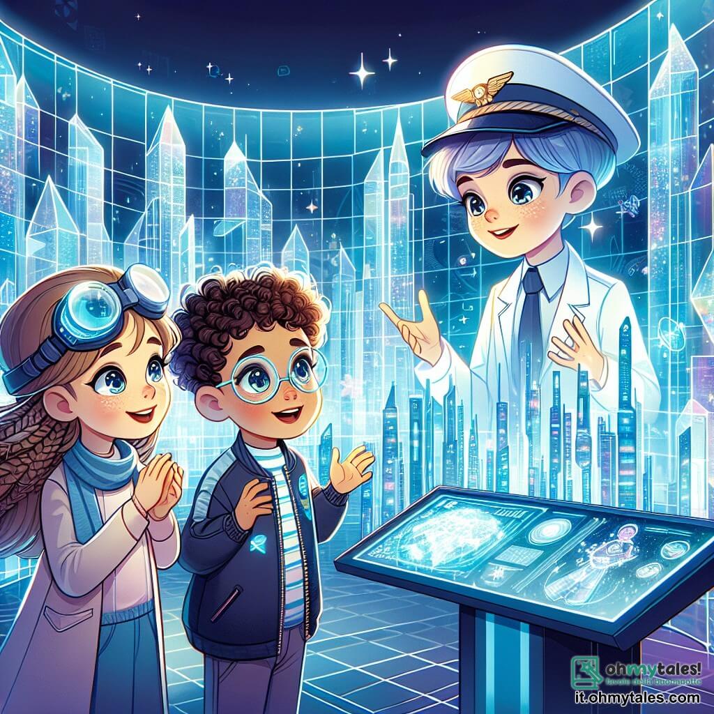 Une illustration sous forme de dessin destinée aux enfants représentant une ville futuriste scintillante avec des bâtiments en verre aux formes géométriques, où un groupe de trois enfants de 9 ans — un garçon aux cheveux bouclés et aux yeux pétillants, une fille aux cheveux longs et tressés portant des lunettes futuristes, et un autre garçon avec un chapeau de pilote et un sourire espiègle — se tient devant un grand écran holographique, émerveillés par les images d'un futur lumineux, tandis qu'un scientifique en blouse blanche, avec des lunettes et un air bienveillant, les observe avec un sourire encourageant, prêt à les guider dans leur mission d'exploration.