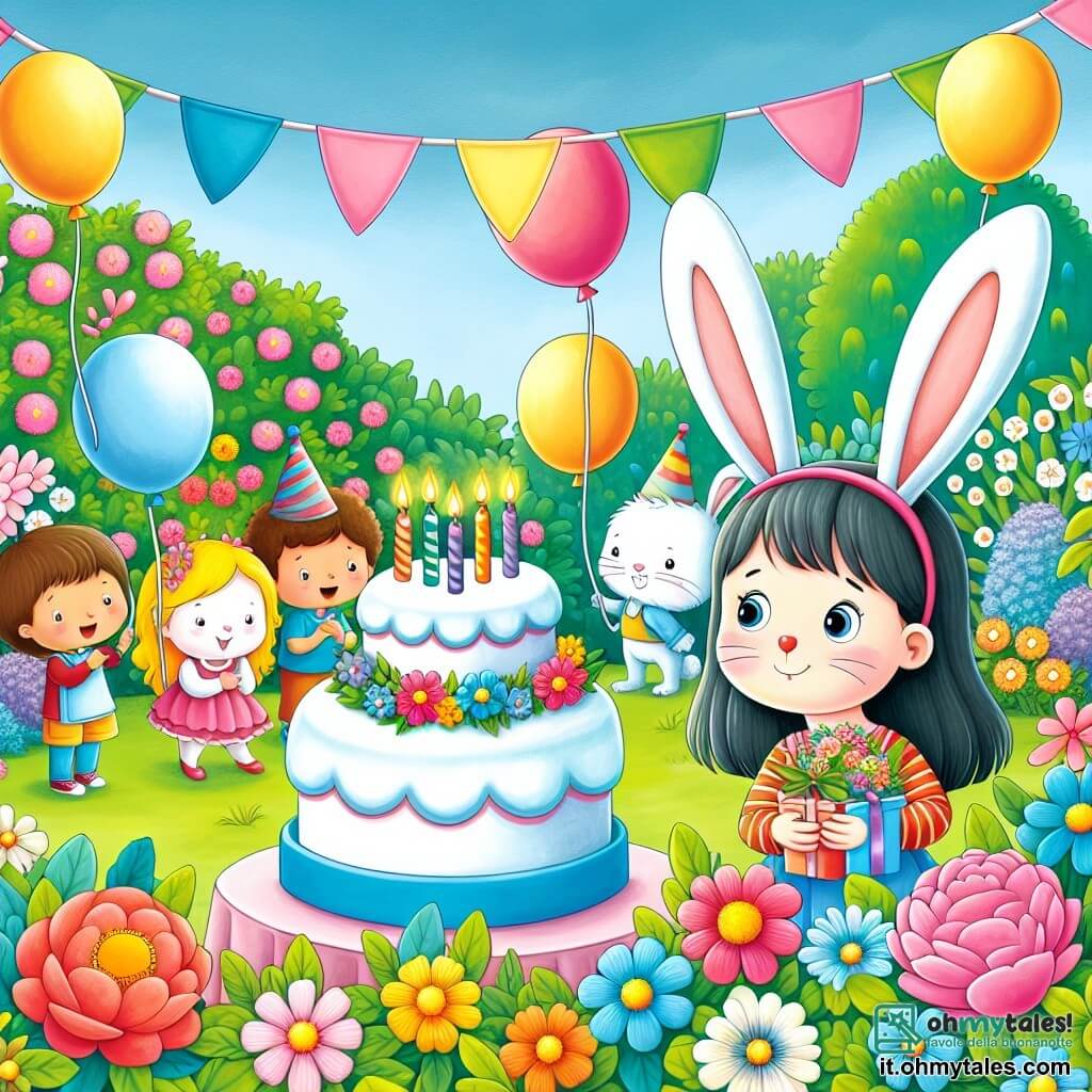 Une illustration destinée aux enfants représentant une fillette entourée de ses amis, célébrant son anniversaire dans un jardin enchanté rempli de fleurs colorées, de ballons et d'un gâteau festif, avec un lapin blanc aux grandes oreilles qui observe la scène avec curiosité.