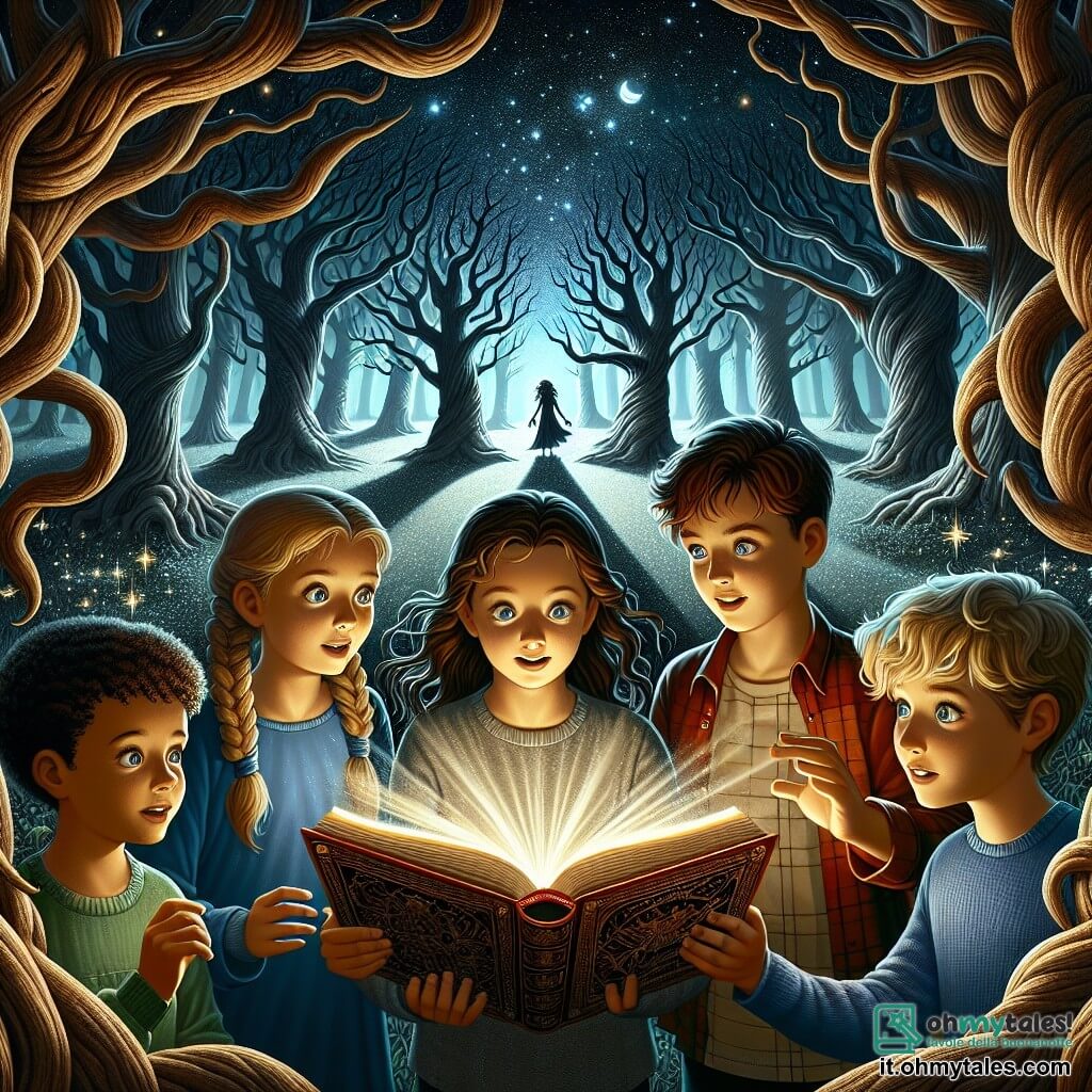 Illustrazione che rappresenta una foresta oscura e misteriosa, dove grandi alberi dai tronchi contorti si ergono verso un cielo stellato, illuminato dalla luce argentata della luna. Ombre danzano tra i rami, creando un'atmosfera magica e inquietante. Al centro della scena, quattro bambini si tengono in cerchio. Un ragazzo di circa 10 anni, con i capelli castani arruffati e occhi brillanti di curiosità, tiene un vecchio libro aperto, le cui pagine brillanti sono illuminate da una luce calda. Accanto a lui, una ragazza di 9 anni, con capelli biondi intrecciati e un sorriso coraggioso, guarda il libro con fascinazione. Un altro ragazzo, di 11 anni, con capelli castani e un'espressione seria, sembra un po' preoccupato, mentre una ragazza di 10 anni, con capelli ricci e uno sguardo determinato, è pronta ad avanzare. La situazione principale mostra i bambini di fronte a un'ombra misteriosa che emerge dalle profondità della foresta, creando una tensione palpabile. L'ombra, di forma indistinta ma minacciosa, si profila dietro ai bambini, aggiungendo un senso di avventura e mistero all'illustrazione. Cristalli scintillanti e simboli antichi sono visibili sul terreno, rafforzando l'atmosfera incantata e inquietante della scena.