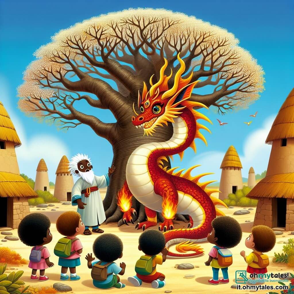 Une illustration sous forme de dessin destinée aux enfants représentant un village africain pittoresque, avec des maisons en terre cuite et un grand arbre de baobab au centre, où un homme de taille moyenne, avec une barbe blanche et des yeux brillants, se tient courageusement face à un majestueux dragon de feu aux écailles rouges et dorées, tandis que des enfants aux visages curieux et émerveillés, aux cheveux crépus et vêtus de vêtements colorés, observent la scène avec fascination, illustrant le moment où l'homme propose son aide au dragon, symbolisant l'amitié et la compréhension entre les êtres.