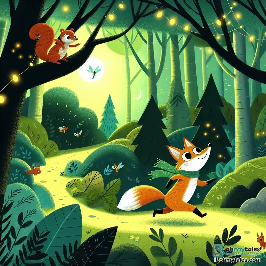 Une illustration destinée aux enfants représentant un renard malicieux se lançant dans une aventure pour sauver le bosquet enchanté, accompagné d'un écureuil joyeux, dans un bois dense et mystérieux où les rayons du soleil filtrent à travers les frondaisons verdoyantes et les lumières des lucioles dansent dans la pénombre des grottes secrètes.