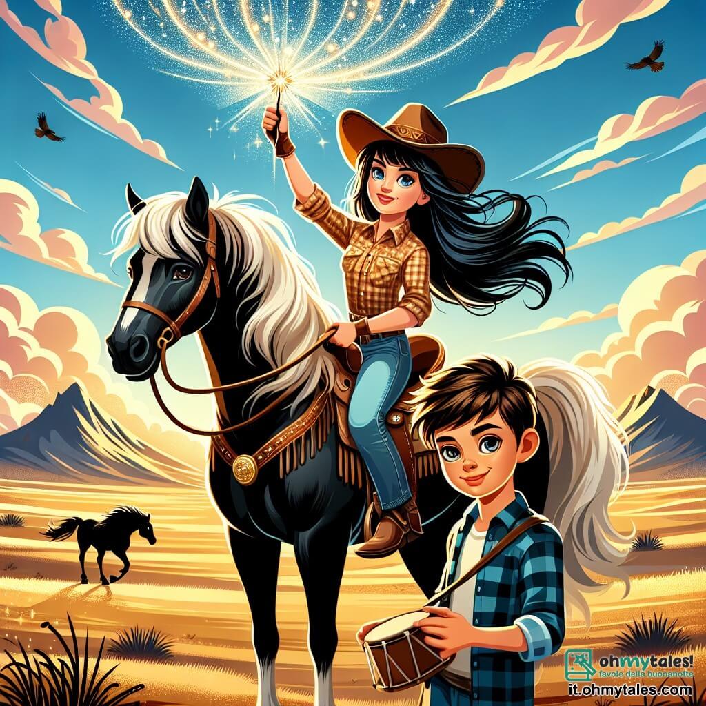 Illustrazione che rappresenta una vasta prateria dorata sotto un cielo blu splendente, punteggiata da nuvole bianche e soffici. Al centro, una giovane cowgirl con lunghi capelli neri che fluttuano nel vento, indossa un cappello da cowboy e una camicia a quadri. Tiene saldamente le redini del suo magnifico cavallo nero, pronto a galoppare. Accanto a lei, un giovane ragazzo di circa dieci anni, con i capelli castani arruffati e un sorriso birichino, osserva attentamente la scena, tenendo un piccolo tamburo di legno. La situazione principale mostra la cowgirl, determinata e coraggiosa, che solleva un talismano scintillante verso il cielo, mentre luci mistiche emanano da esso, illuminando la prateria. Sullo sfondo si vedono silhouette di montagne maestose, e alcuni uccelli volano nel cielo, aggiungendo un tocco di vita a questa scena magica.