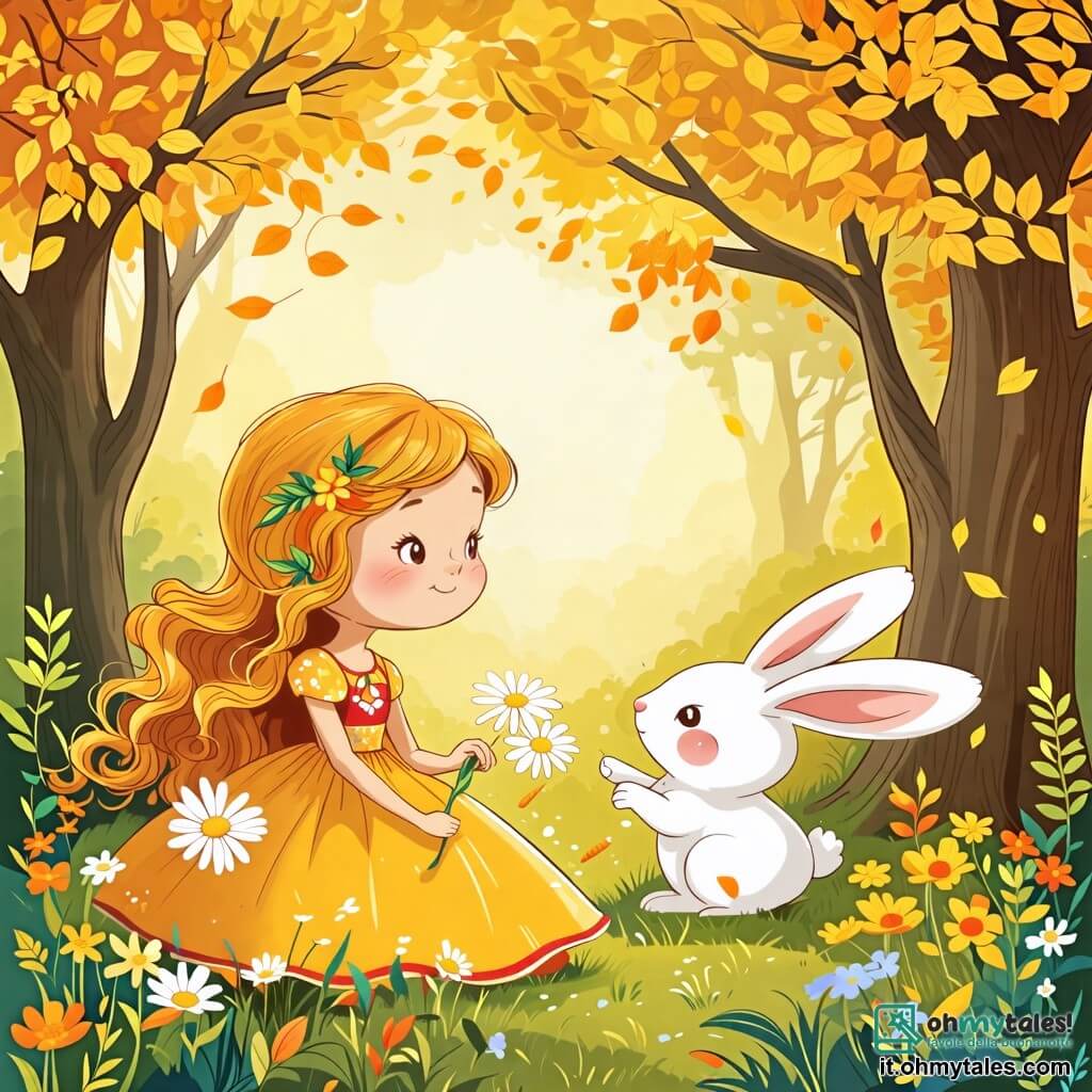 Une illustration sous forme de dessin destinée aux enfants représentant un magnifique bosquet enchanté, avec des arbres majestueux aux feuilles dorées, où une femme aux cheveux dorés comme le soleil, vêtue d'une robe colorée, sourit joyeusement en tenant des margherites, tandis qu'un petit coniglio bianco aux grandes oreilles, avec un air triste, la regarde en espérant retrouver sa carota magica, le tout baigné dans une lumière douce et féerique, évoquant l'amitié et l'aventure.