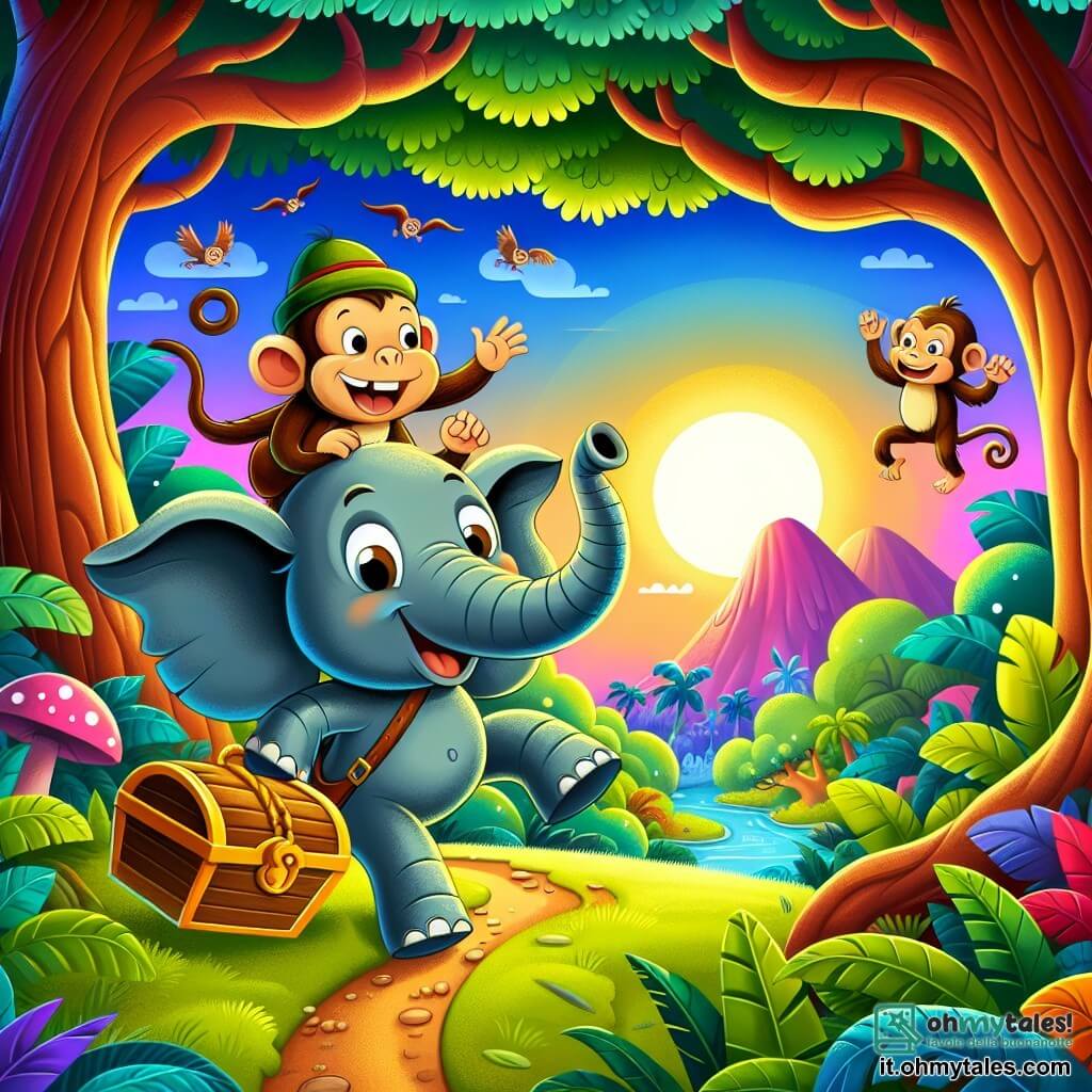 Une illustration destinée aux enfants représentant un éléphant jovial se lançant dans une chasse au trésor avec son ami le singe malicieux, dans une forêt luxuriante et colorée remplie de mystères et de rires.