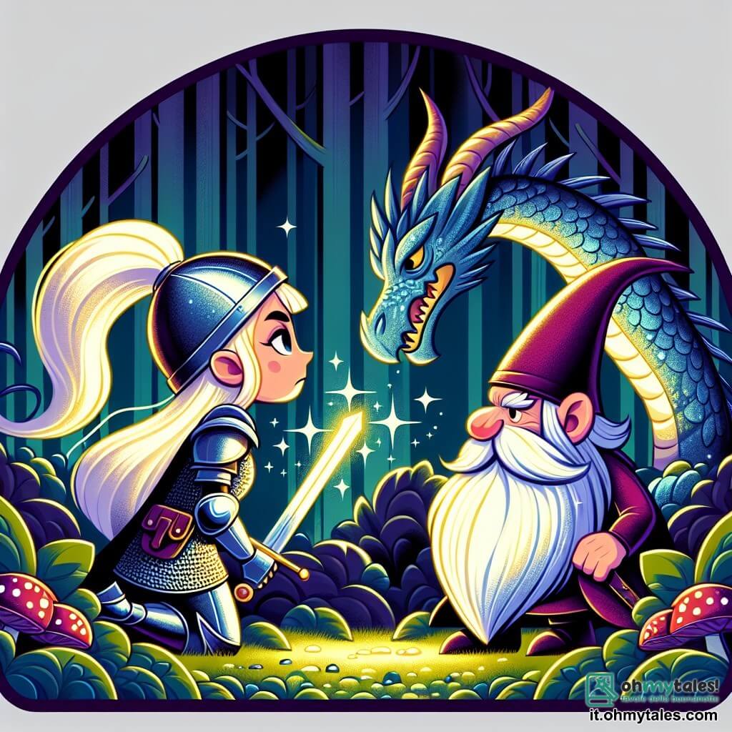 Une illustration destinée aux enfants représentant une chevalière courageuse affrontant un dragon scintillant dans le mystérieux Bosco Incantato, accompagnée par un sage gnomo aux longues barbes argentées.