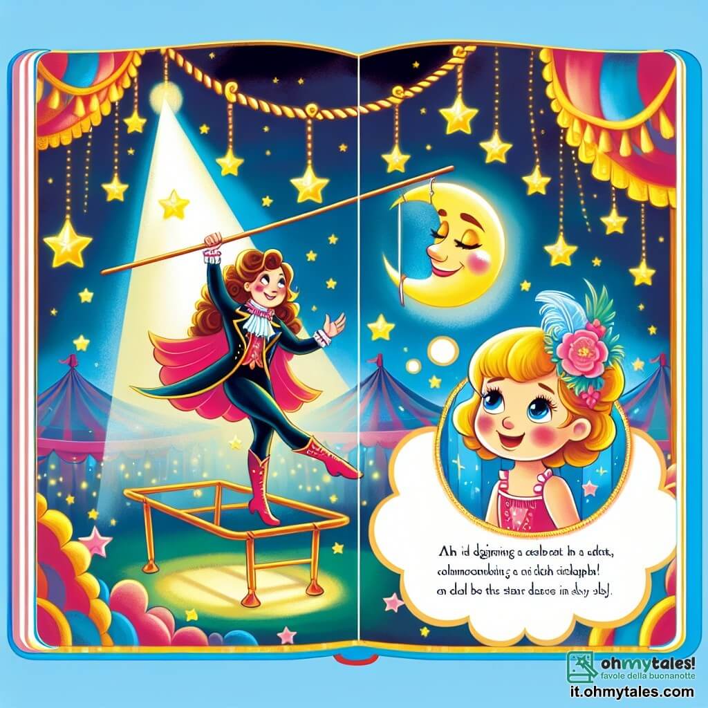 Une illustration destinée aux enfants représentant une jeune fille pétillante, rêvant de devenir une acrobate éblouissante, accompagnée d'un mystérieux funambule, dans un cirque coloré et enchanteur où les étoiles semblent danser dans le ciel.