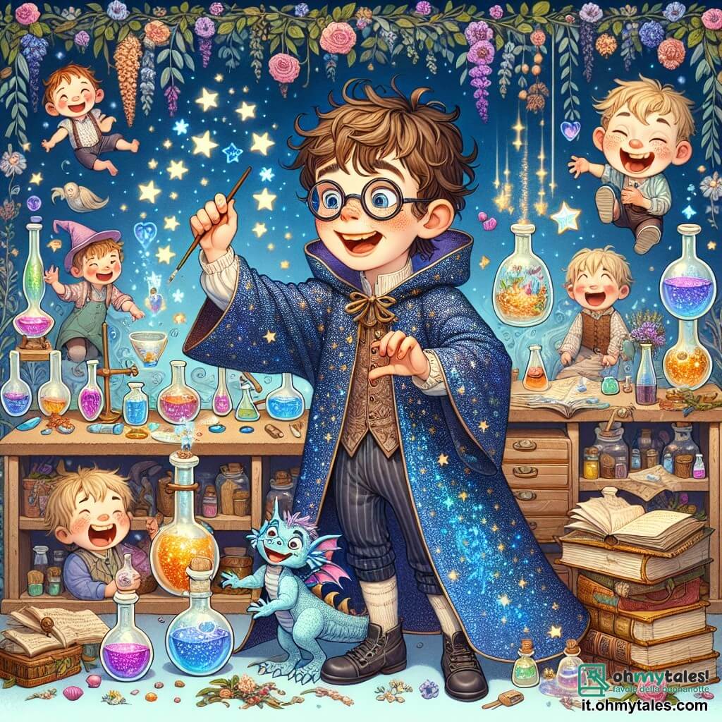 Une illustration destinée aux enfants représentant un jeune sorcier aux cheveux ébouriffés et aux lunettes rondes, vêtu d'un manteau bleu scintillant comme un ciel étoilé, se tenant dans son laboratoire magique rempli de fioles colorées, de livres anciens aux pages jaunies et d'herbes parfumées, tandis qu'il tente de concocter une potion de rire avec l'aide d'un dragon miniature et paresseux, qui est un garçon aux écailles brillantes et aux yeux pétillants, ainsi que d'une bande de joyeux enfants, tous des garçons et des filles aux rires contagieux, qui l'entourent dans un village enchanteur où les fleurs dansent au gré du vent et où les arbres murmurent des secrets, créant une atmosphère à la fois ensorcelante et amusante.