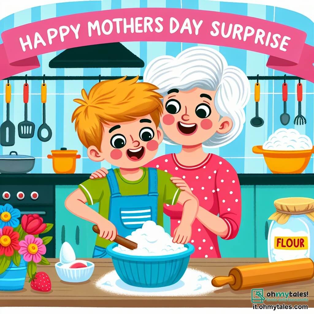 Une illustration destinée aux enfants représentant un garçon malicieux préparant une surprise pour la Fête des Mères, avec l'aide de sa maman, dans une cuisine colorée et joyeuse remplie de farine et d'ustensiles de cuisine.