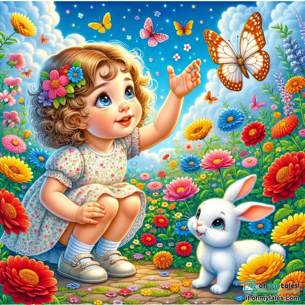 Illustrazione che rappresenta un giardino magico in piena estate, pieno di fiori colorati con petali brillanti di rosso, giallo e blu, sotto un cielo azzurro punteggiato di nuvole bianche e soffici. Al centro, una bambina di 1 anno, con capelli ricci e dorati, indossa un vestito leggero a fiori, è accovacciata, con gli occhi brillanti di curiosità, mentre tende la mano verso una farfalla colorata che vola intorno a lei. Accanto a lei, un coniglietto bianco, con grandi orecchie e occhi scintillanti, guarda la bambina con un'espressione gioiosa, le zampe anteriori sollevate come se fosse pronto a saltare. La scena cattura il momento in cui la bambina e il coniglietto si incontrano, circondati da fiori vibranti e un'atmosfera giocosa, simboleggiando lo spirito di avventura e amicizia. Farfalle svolazzano intorno a loro, aggiungendo un tocco di magia a questo incontro incantato.