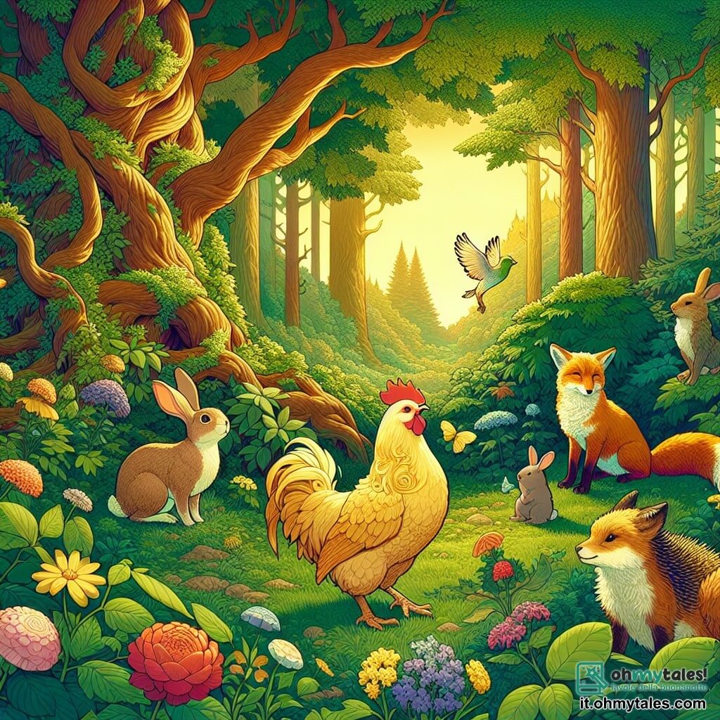 Une illustration sous forme de dessin destinée aux enfants représentant un charmant bosquet verdoyant avec des arbres majestueux et des fleurs colorées, au centre une petite poule aux plumes dorées, avec un air déterminé, qui se tient fièrement devant un groupe d'animaux, dont un agile lapin aux grandes oreilles, une rusée renarde avec une fourrure flamboyante, et un timide hérisson aux piquants doux, tous unis pour chanter une mélodie joyeuse afin de protéger leur forêt menacée, le tout baigné dans une douce lumière dorée du soleil couchant.