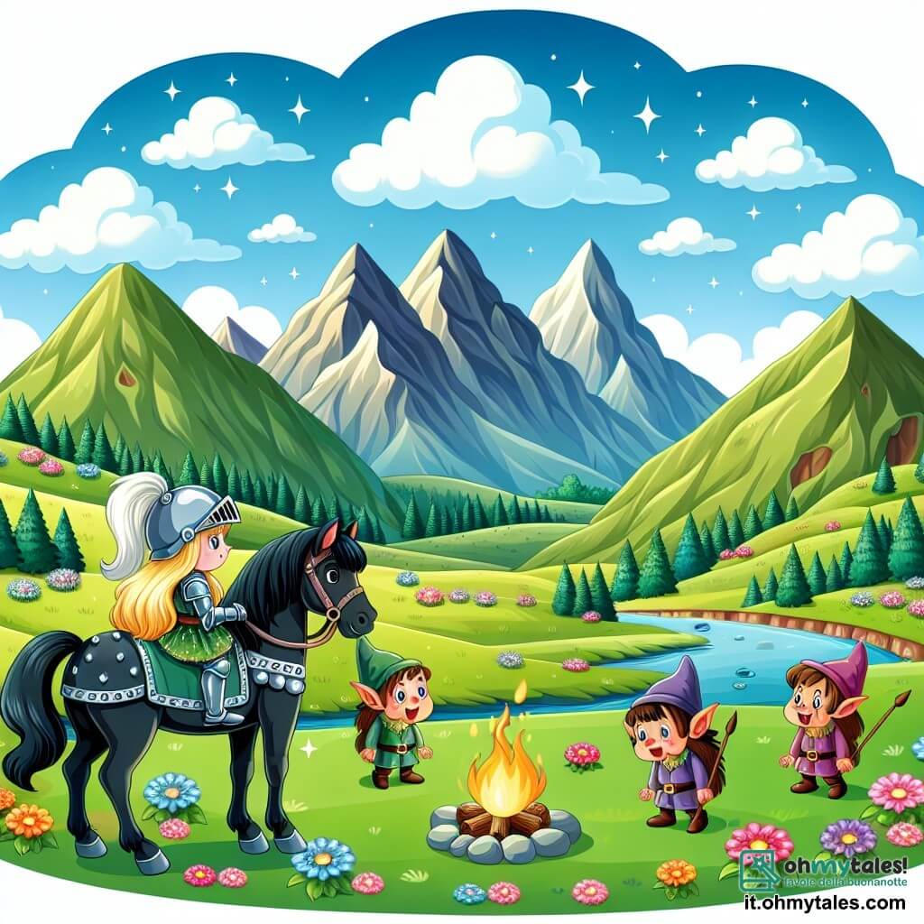 Une illustration sous forme de dessin destinée aux enfants représentant une vaste vallée verdoyante, parsemée de fleurs colorées et entourée de montagnes majestueuses, où une courageuse chevaleresse aux longs cheveux blonds, vêtue d'une armure scintillante, se tient fièrement sur son cheval noir, observant une caverne mystérieuse qui brille au loin, tandis qu'un groupe de petits goblins espiègles, avec des visages ronds et des chapeaux pointus, dansent joyeusement autour d'un feu de camp, illustrant le moment où la chevaleresse se prépare à entrer dans la caverne à la recherche d'un trésor perdu pour sauver son royaume.