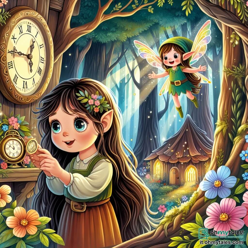 Une illustration destinée aux enfants représentant une fille aux longs cheveux châtains et aux yeux pétillants de curiosité, qui découvre un mystérieux orologe ancien dans une poussiéreuse mansarde, tandis qu'un petit elfe aux ailes scintillantes l'accompagne dans un monde enchanteur de forêts luxuriantes aux arbres géants aux feuilles étincelantes, où chaque rayon de soleil danse sur des fleurs colorées et où le chant des oiseaux résonne comme une douce mélodie.