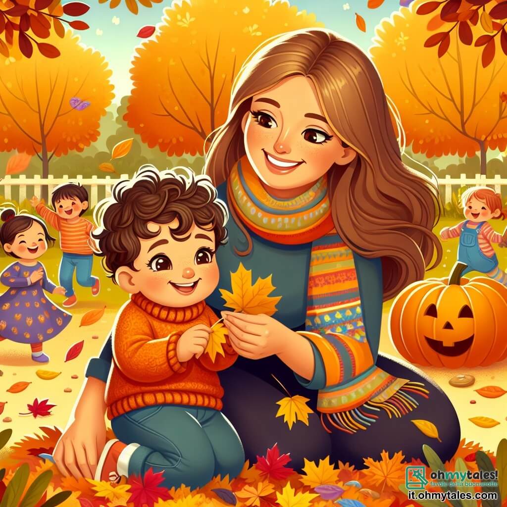 Une illustration sous forme de dessin destinée aux enfants représentant un parc d'automne rempli de feuilles jaunes et rouges, où un petit garçon de 1 an aux cheveux bouclés et aux yeux pétillants, vêtu d'un pull orange, s'amuse à ramasser des feuilles tombées, tandis qu'une maman souriante aux cheveux longs et bruns, portant une écharpe colorée, l'observe tendrement, et en arrière-plan, des enfants jouent autour d'une grande citrouille, créant une atmosphère joyeuse et festive.