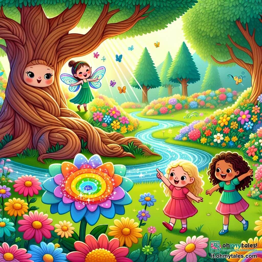 Illustrazione che rappresenta un giardino magico, pieno di fiori brillanti dai colori vivaci, grandi alberi dai tronchi nodosi e un ruscello scintillante che serpeggia nel paesaggio. Al centro, tre bambine di quattro anni, due con capelli ricci e castani e una con capelli lisci e biondi, tutte in abiti colorati. Le bambine danzano gioiosamente attorno a un grande albero, i loro volti radiantemente felici e curiosi. Una di loro indica un magnifico fiore arcobaleno, mentre le altre guardano con meraviglia. Sullo sfondo, un piccolo folletto con ali scintillanti le osserva con un sorriso benevolo, aggiungendo un tocco di magia alla scena. Farfalle colorate volano intorno a loro e i raggi di sole filtrano tra le foglie, creando un'atmosfera incantata e gioiosa.