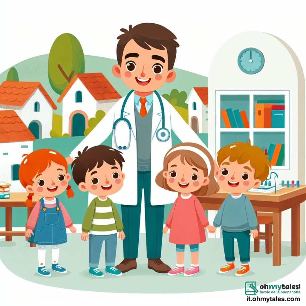 Une illustration destinée aux enfants représentant un dottore chaleureux et bienveillant, entouré de trois bambini curieux et joyeux, dans une clinica colorata située dans un paisible paesino italiano.