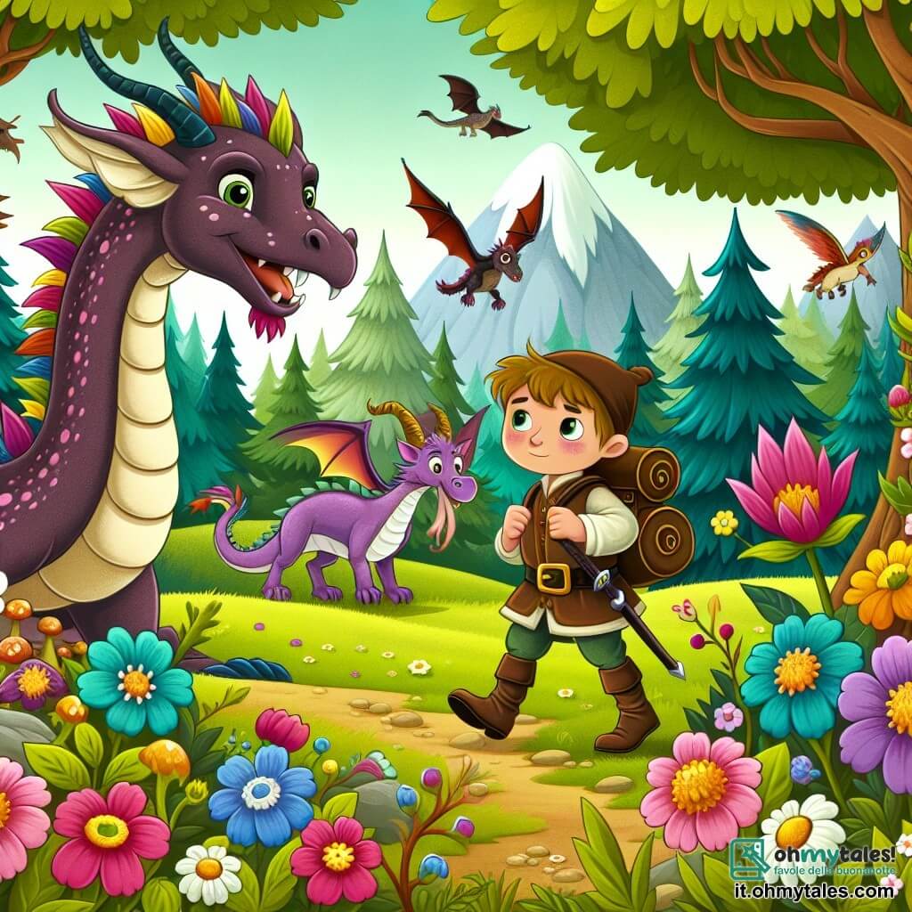 Une illustration destinée aux enfants représentant un dragon espiègle et joueur, accompagné d'un jeune explorateur intrépide, dans une forêt enchantée remplie de fleurs multicolores, arbres majestueux et animaux curieux.