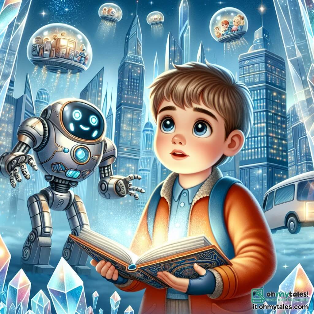 Une illustration destinée aux enfants représentant un jeune garçon curieux découvrant un mystérieux livre sur la science, accompagné de son robot ami, dans la ville futuriste de Lumina, faite de cristaux scintillants et de transports volants.