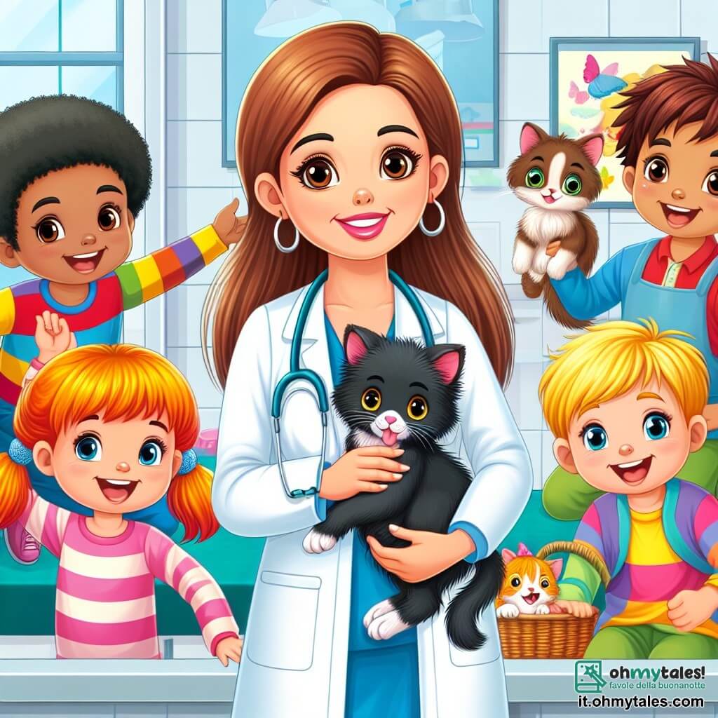 Une illustration destinée aux enfants représentant un vétérinaire aimable, un petit gattino noir et un groupe de joyeux enfants aux cheveux colorés jouant ensemble dans une clinique vétérinaire chaleureuse et colorée.