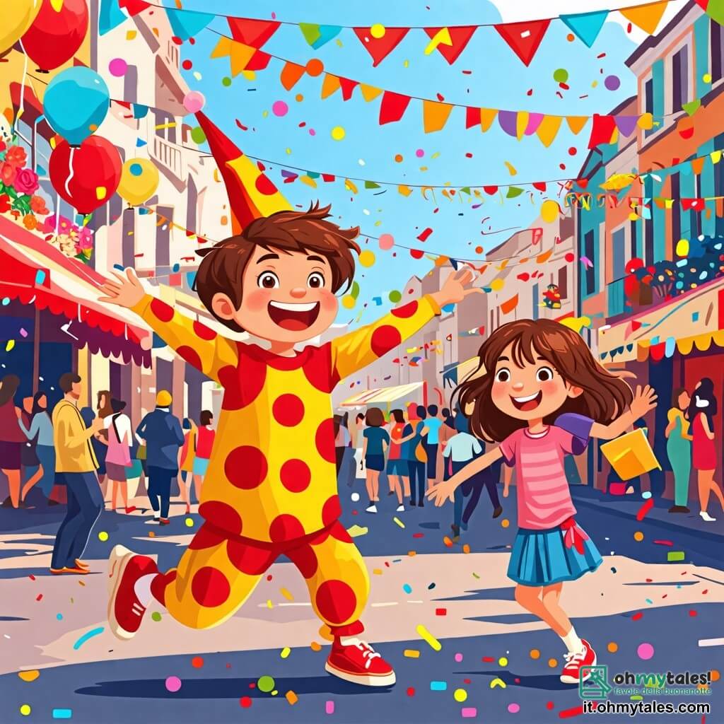 Illustrazione che rappresenta una scena vibrante di un carnevale nel cuore di una città animata. La piazza principale è decorata con ghirlande colorate, lanterne scintillanti e grandi carri adornati di fiori e glitter, mentre coriandoli volano nell'aria, creando un'atmosfera festosa. Al centro dell'immagine, un ragazzo di 9 anni, con capelli castani arruffati e un sorriso splendente, indossa un costume da clown dai colori vivaci, con pois rossi e gialli. Sta saltando di gioia, con le braccia alzate, catturato dalla magia del momento. Accanto a lui, un'altra bambina di circa 8 anni, con lunghi capelli castani intrecciati e un vestito da principessa rosa decorato di glitter, tiene un grande lecca-lecca a forma di cuore. Ride, con gli occhi brillanti di eccitazione, mentre un gruppo di bambini attorno a loro, tutti travestiti da animali della giungla, ballano e giocano, aggiungendo all'atmosfera gioiosa. La scena principale mostra il ragazzo e la ragazza in mezzo alla festa, circondati da risate e musica, con palloncini fluttuanti e giocolieri sullo sfondo, creando un'immagine piena di vita e felicità. Stelle e lampi di luce aggiungono un tocco magico a questa illustrazione, catturando lo spirito del carnevale.