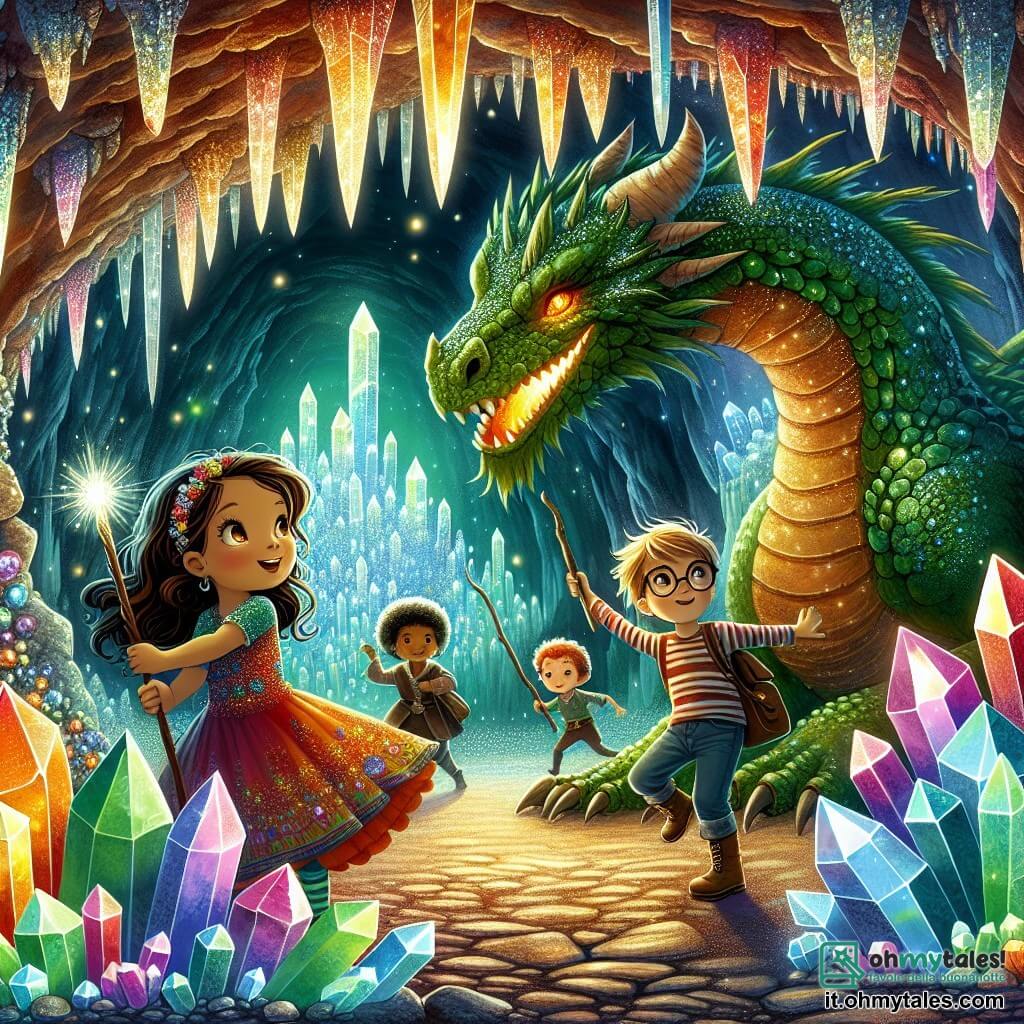 Illustrazione che rappresenta una scena magica in una caverna illuminata da cristalli scintillanti. Le pareti della caverna sono decorate con pietre preziose che riflettono colori vivaci, creando un'atmosfera incantevole. Al centro, un grande drago verde con squame brillanti e occhi fiammeggianti ruggisce con un'espressione minacciosa e curiosa. A sinistra, una ragazza di circa 10 anni, con lunghi capelli castani e occhi scintillanti, indossa un vestito colorato e si avvicina coraggiosamente al drago. A destra, un ragazzo di 11 anni, con capelli biondi arruffati e una maglietta a righe, brandisce un bastone come un cavaliere, mostrando un'espressione determinata. Dietro di loro, altri due bambini, una ragazza di 9 anni con due trecce e un sorriso malizioso, e un ragazzo di 10 anni con occhiali e un’aria riflessiva, osservano la scena con fascino. Sono tutti riuniti per recuperare il scettro magico della Regina dei Sogni, simboleggiando il loro coraggio e amicizia di fronte all'ignoto. Fiori colorati e lucciole fluttuano intorno a loro, aggiungendo un tocco di magia a questa avventura emozionante.