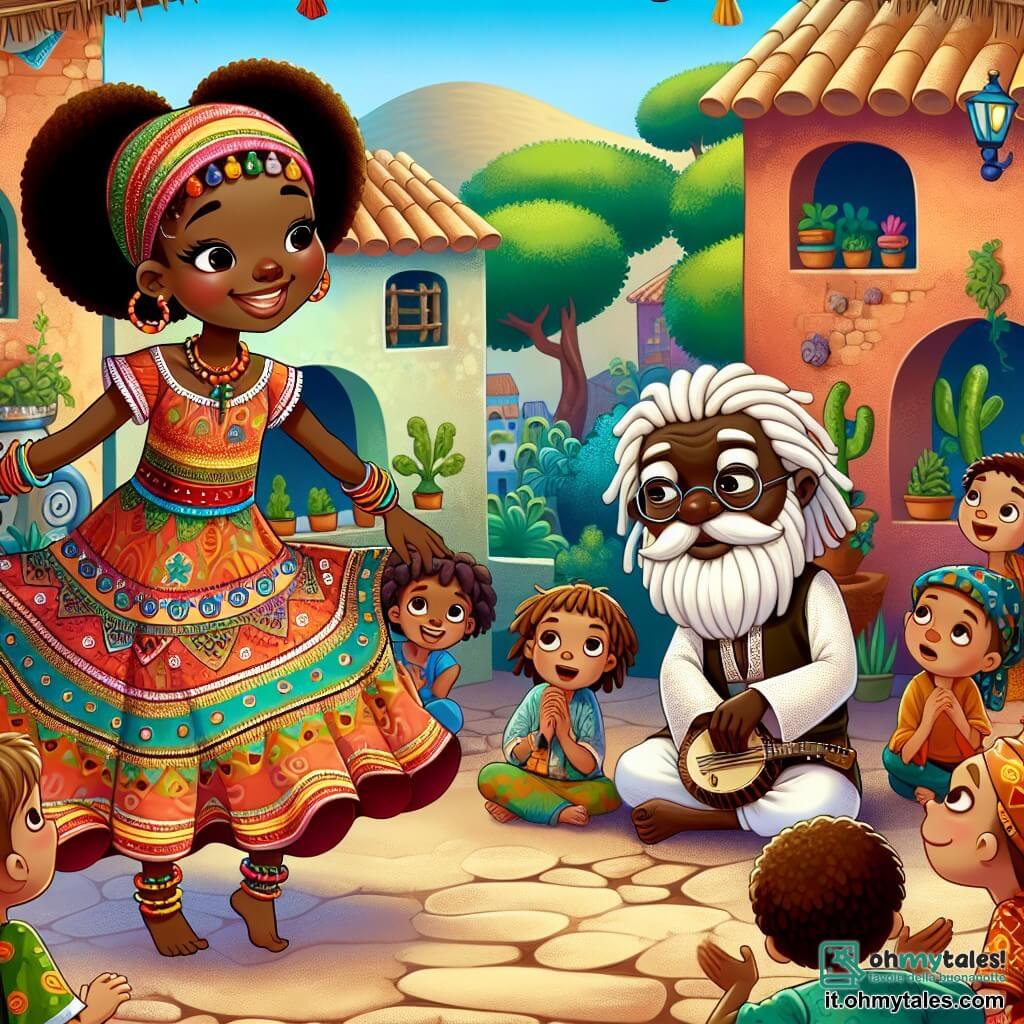 Une illustration sous forme de dessin destinée aux enfants représentant un village africain coloré, avec des maisons en terre cuite et des arbres verdoyants, où une jeune femme au sourire radieux, vêtue d'une robe vibrante ornée de motifs traditionnels, danse joyeusement au milieu d'un groupe d'enfants fascinés, tandis qu'un jeune musicien aux cheveux crépus joue d'un instrument à cordes, et un vieux sage à la barbe blanche les observe avec bienveillance, illustrant la magie des contes et la célébration de la diversité culturelle.
