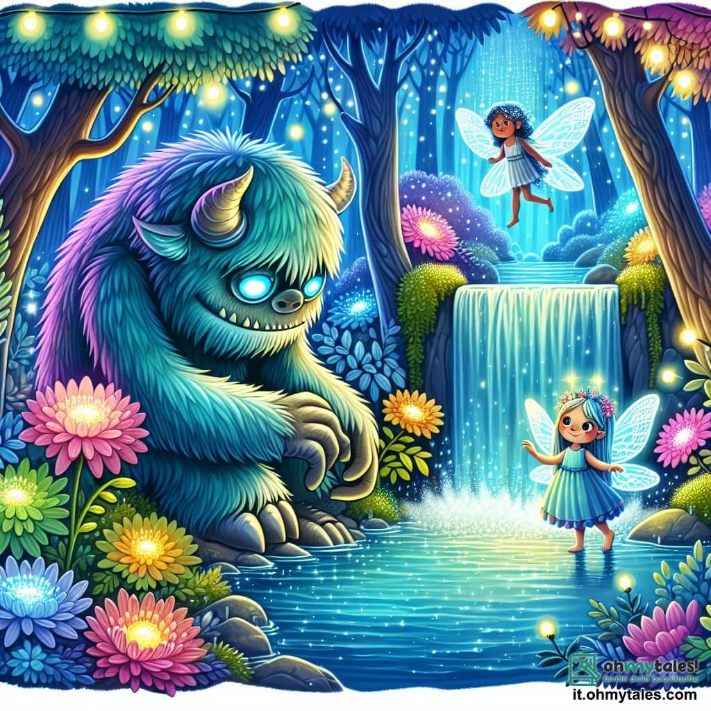 Une illustration destinée aux enfants représentant un monstre au pelage brillant et aux yeux lumineux découvrant une cascade magique aux eaux scintillantes, accompagné d'une fée aux ailes argentées, dans un bosco incantato aux arbres aux couleurs chatoyantes et aux fleurs lumineuses.