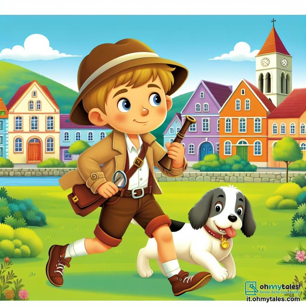 Une illustration destinée aux enfants représentant un jeune garçon curieux et courageux, se lançant dans une enquête mystérieuse avec l'aide de sa fidèle chienne, dans la charmante ville de Campobello, avec des maisons colorées et un parc verdoyant en arrière-plan.