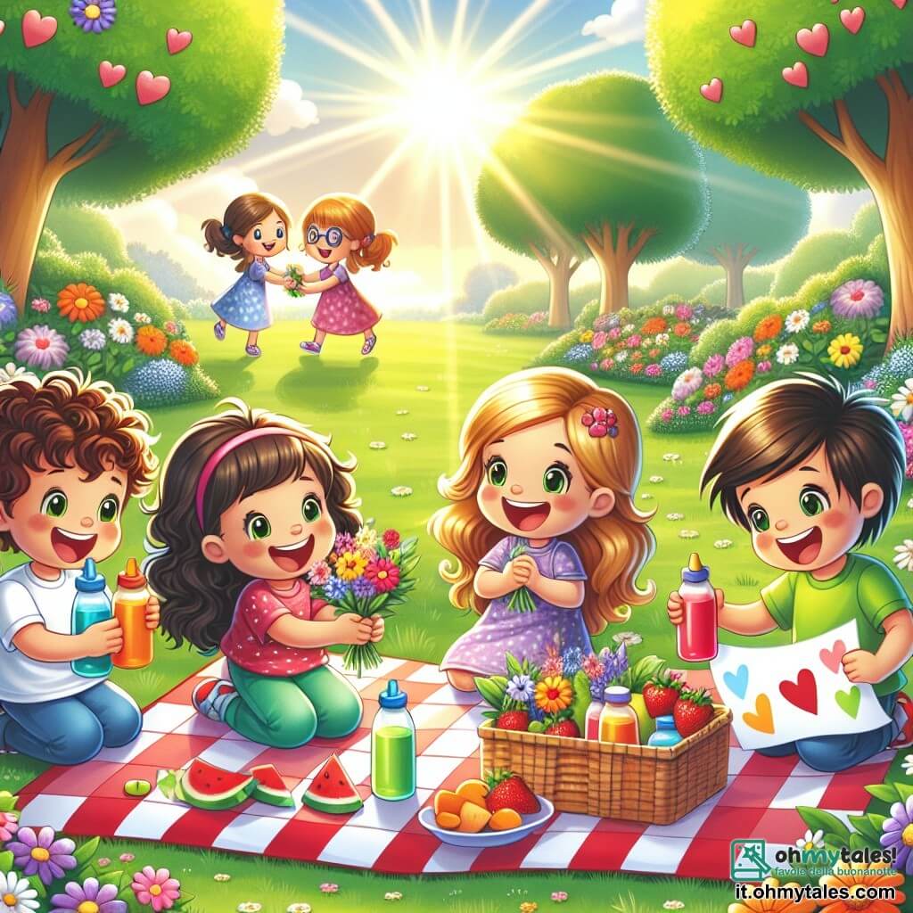 Illustrazione che rappresenta un parco soleggiato, pieno di fiori colorati e alberi verdi, con una grande coperta a quadretti rossi e bianchi stesa sull'erba morbida. Al centro dell'immagine, quattro bambini felici: un ragazzo di cinque anni con capelli ricci e castani, sorridente con occhi scintillanti, che tiene una lettera colorata; una ragazza di cinque anni con lunghi capelli biondi intrecciati, che ride mentre tiene dei fiori; un ragazzo di cinque anni con capelli lisci e neri, che sta servendo succhi di frutta in piccole bottiglie; e una ragazza di cinque anni con capelli castani e occhiali, che disegna cuori su un foglio. La scena mostra i bambini che preparano un picnic a sorpresa per le loro mamme, con sorrisi radiosi e un'atmosfera di felicità e complicità. Sullo sfondo, si vedono mamme che si avvicinano con espressioni di sorpresa e gioia, pronte a scoprire la sorpresa che i loro bambini hanno preparato.