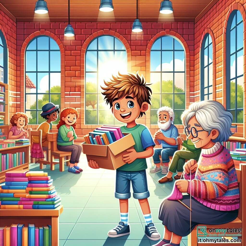 Illustrazione che rappresenta un centro di accoglienza accogliente, con muri in mattoni rossi e grandi finestre che lasciano entrare la luce del sole. All'interno, una sala comune vivace, decorata con colori brillanti, dove libri sono impilati su scaffali e tavoli sono pieni di vestiti piegati con cura. In primo piano, un ragazzo di 11 anni, con capelli castani arruffati e occhi brillanti di curiosità, sorride tenendo una scatola piena di libri. Indossa una maglietta blu e pantaloni corti di jeans, emanando un'energia gioiosa ed entusiasta. Accanto a lui, una donna di circa 60 anni, con capelli grigi e un viso rugoso ma sorridente, è seduta su una sedia, lavorando a maglia con ferri di legno. Indossa un maglione colorato e sembra felice di vedere i bambini. Un uomo di circa 40 anni, con una barba curata e un cappello, si trova vicino a un tavolo, guardando i bambini con benevolenza. La scena mostra il momento in cui il ragazzo e i suoi compagni distribuiscono libri e vestiti alle persone del centro, creando un'atmosfera di condivisione e solidarietà. Sorrisi radiosi illuminano i volti di bambini e adulti, mentre raggi di sole filtrano attraverso le finestre, aggiungendo un tocco di calore e speranza all'illustrazione.
