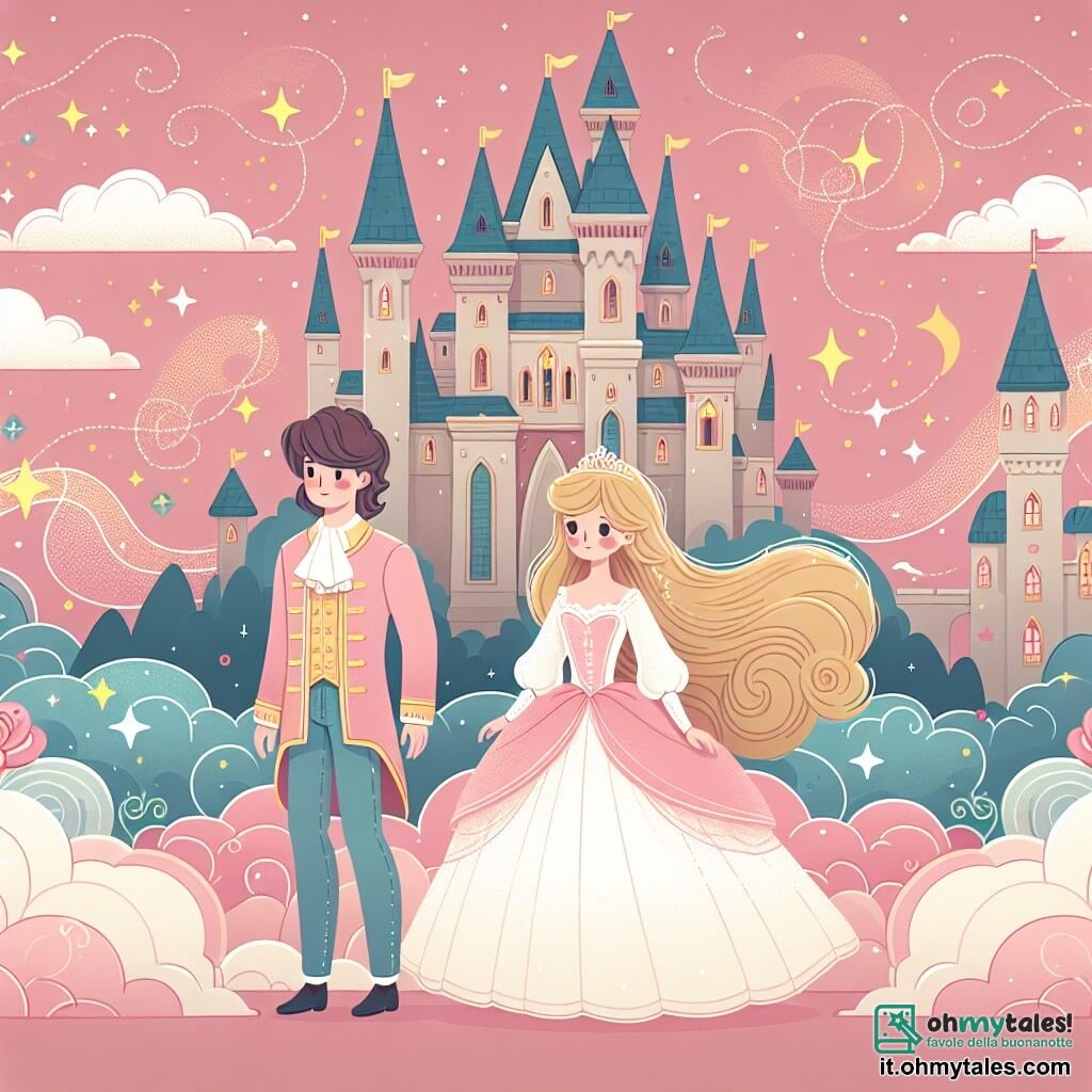 Une illustration destinée aux enfants représentant un prince rêveur se tenant debout devant un château enchanté, accompagné d'une princesse curieuse aux longs cheveux dorés, dans un royaume magique où les nuages ​​roses dansent avec les étoiles scintillantes.